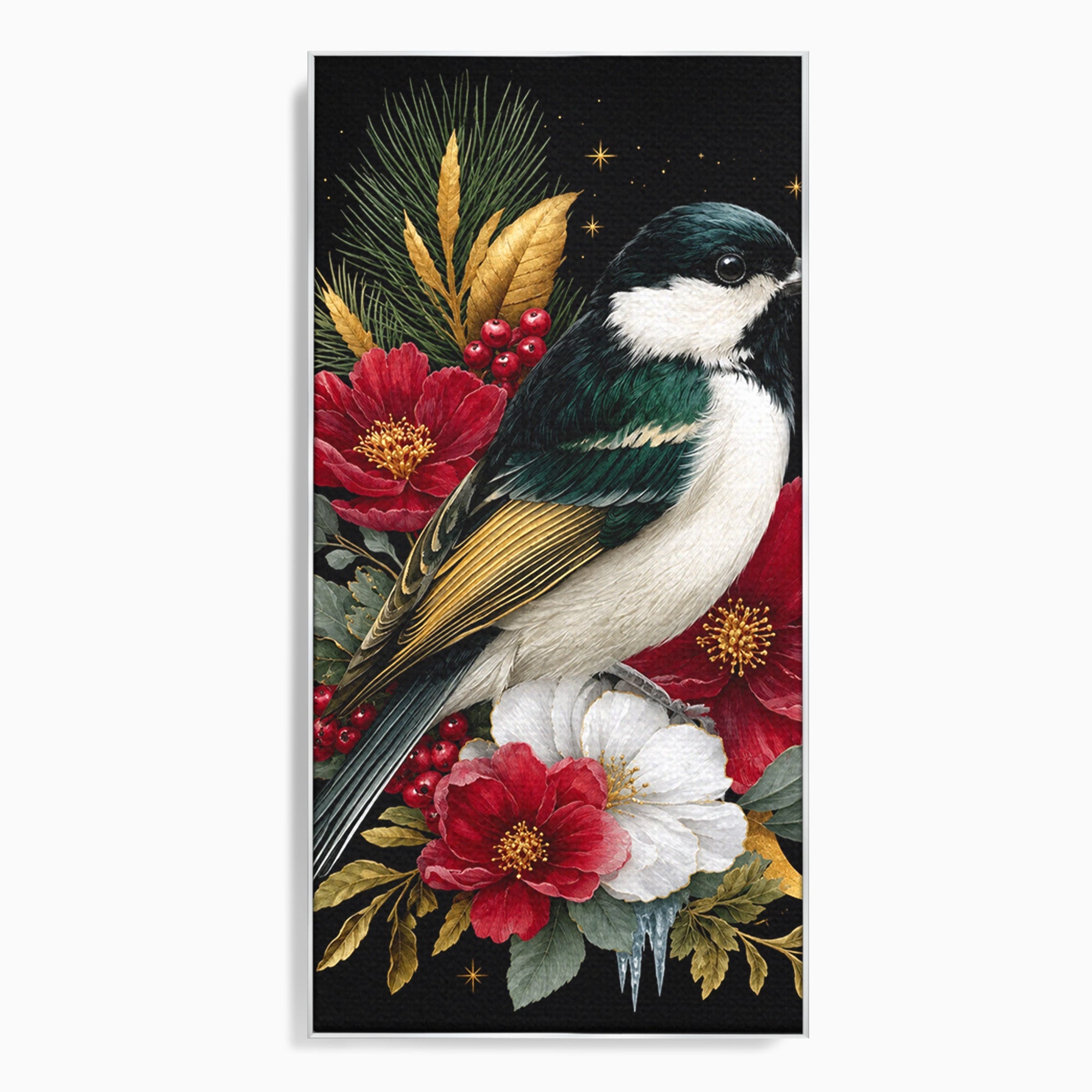 Tablou Canvas Premium LuxCanva® M1588, Pasare Si Flori Rosii, Pasare, Flori, Natura, Living, Dormitor, Culori Vibrante