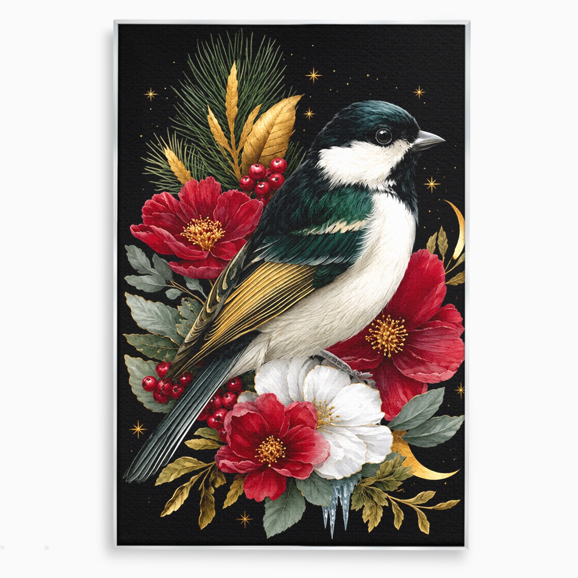 Tablou Canvas Premium LuxCanva® M1588, Pasare Si Flori Rosii, Pasare, Flori, Natura, Living, Dormitor, Culori Vibrante