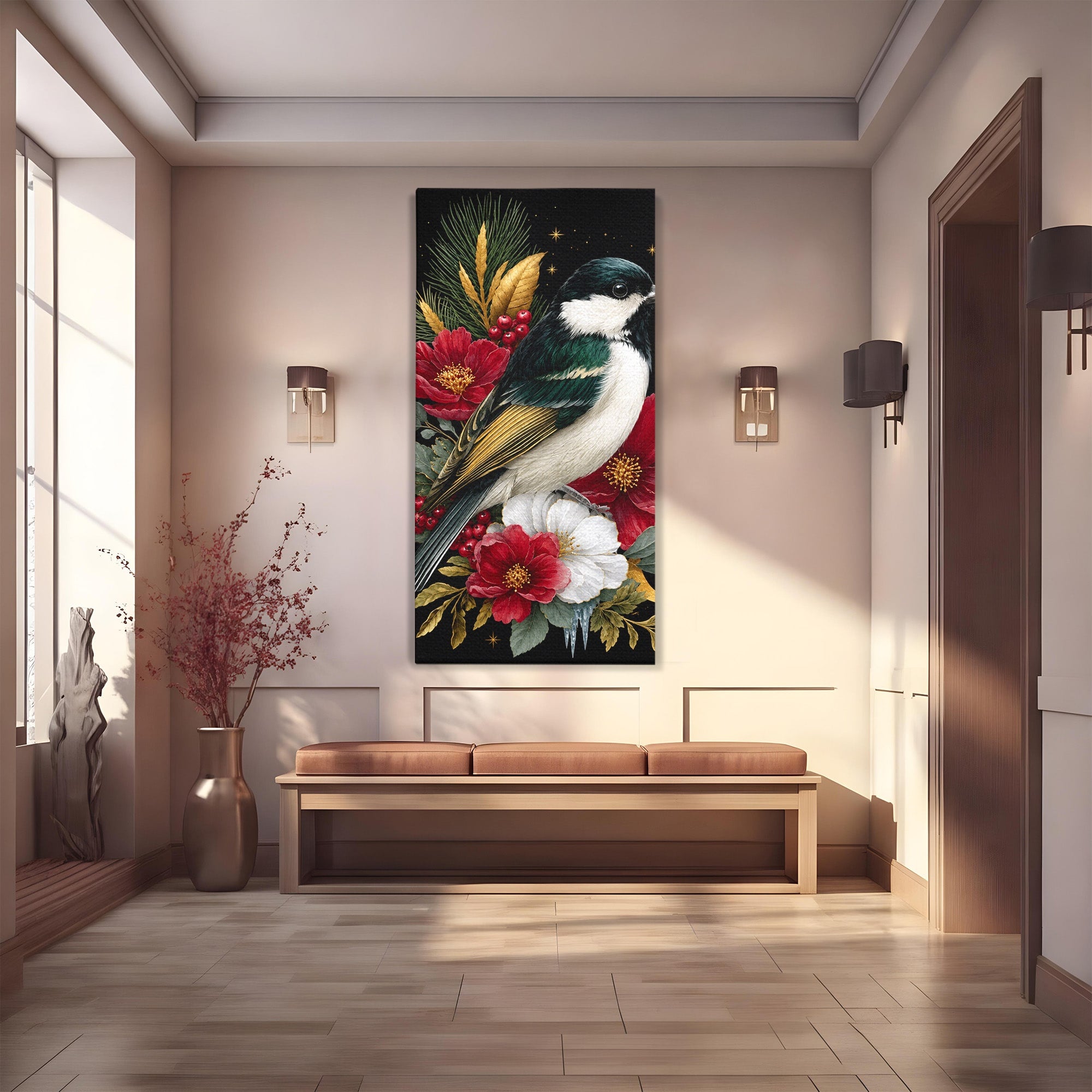 Tablou Canvas Premium LuxCanva® M1588, Pasare Si Flori Rosii, Pasare, Flori, Natura, Living, Dormitor, Culori Vibrante