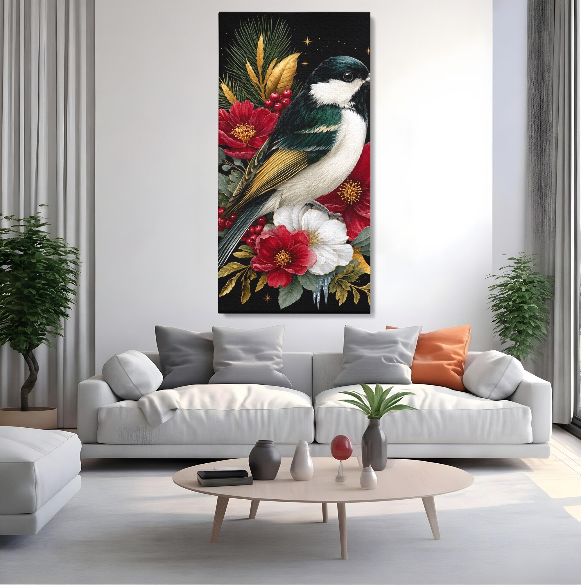 Tablou Canvas Premium LuxCanva® M1588, Pasare Si Flori Rosii, Pasare, Flori, Natura, Living, Dormitor, Culori Vibrante