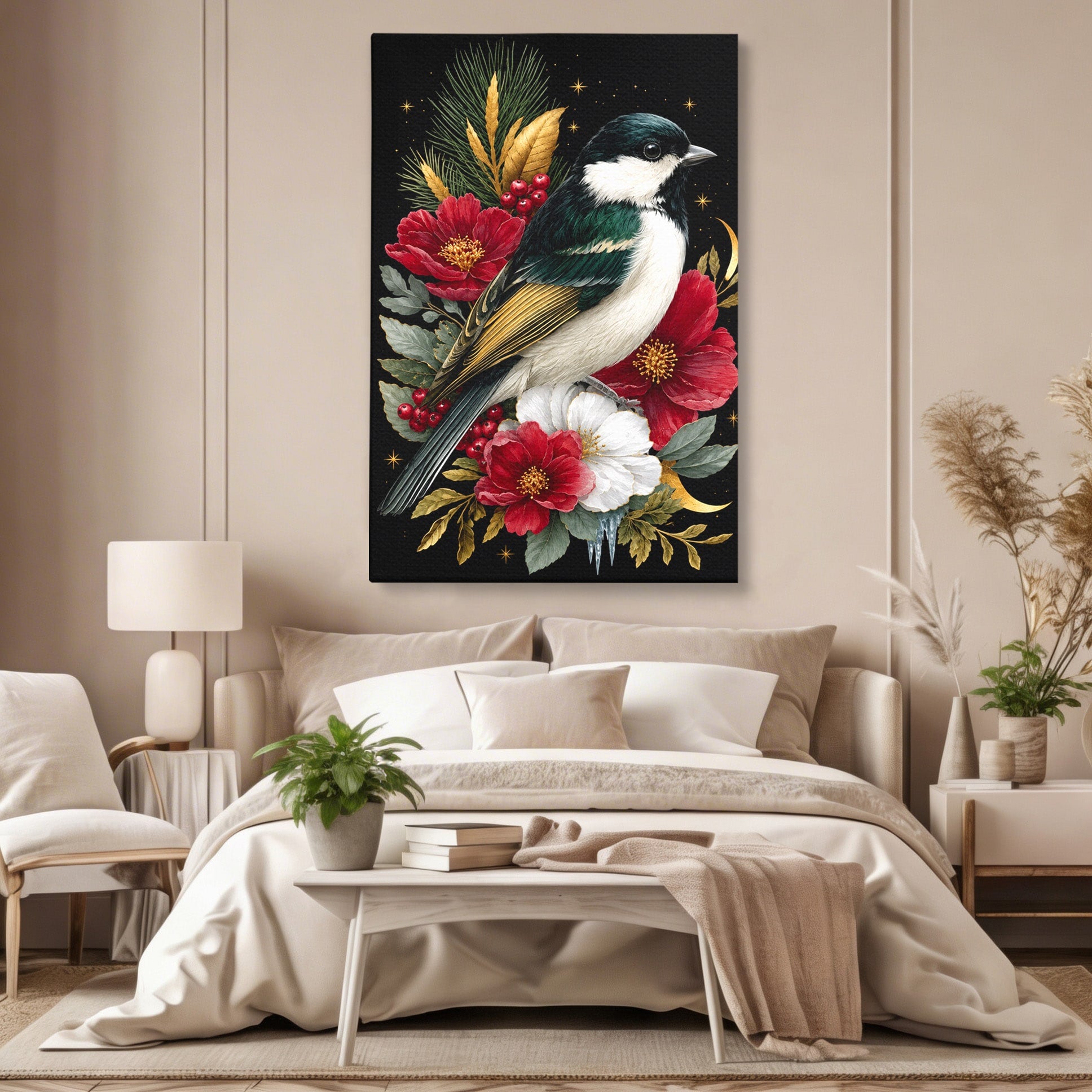 Tablou Canvas Premium LuxCanva® M1588, Pasare Si Flori Rosii, Pasare, Flori, Natura, Living, Dormitor, Culori Vibrante