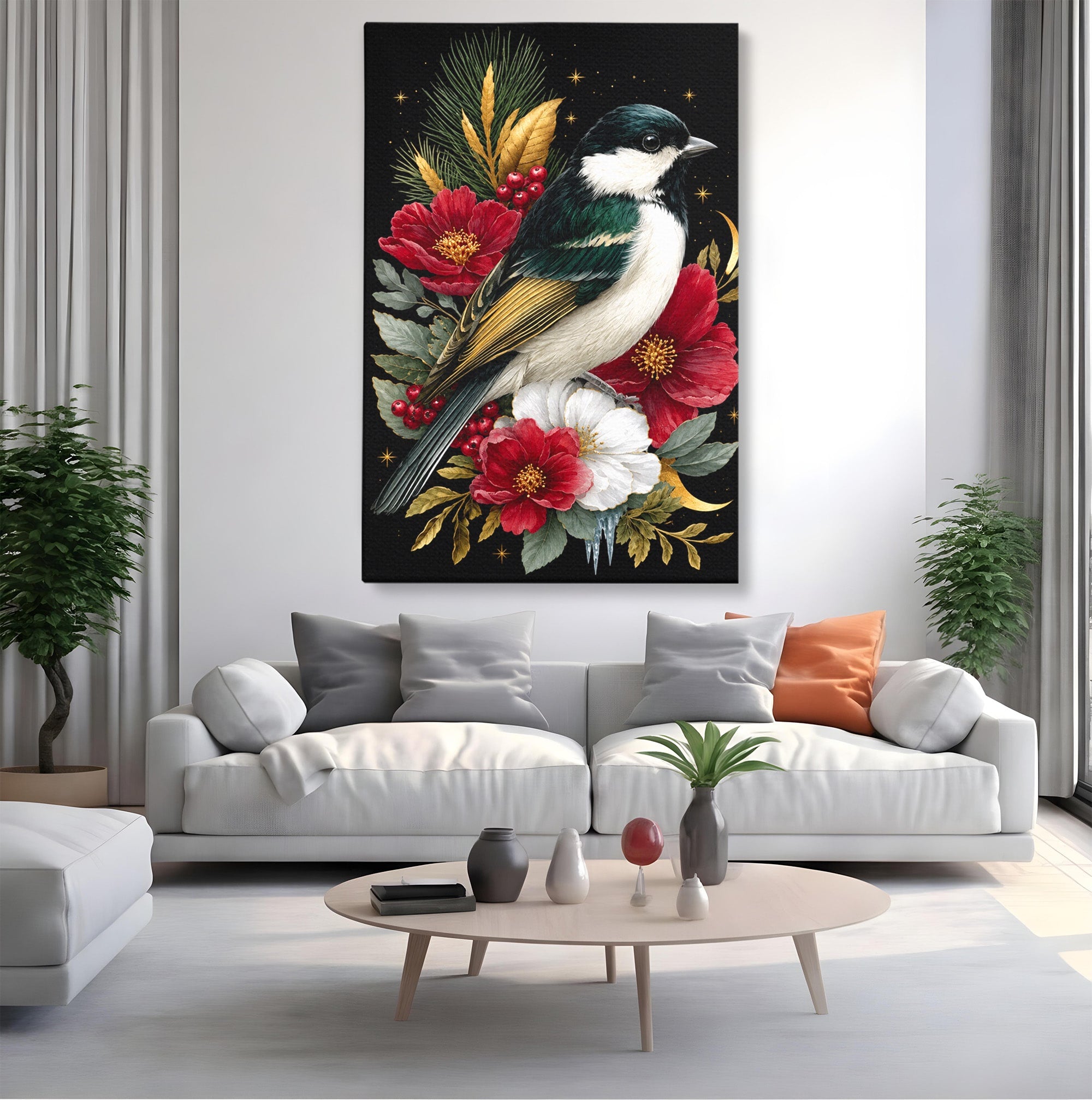 Tablou Canvas Premium LuxCanva® M1588, Pasare Si Flori Rosii, Pasare, Flori, Natura, Living, Dormitor, Culori Vibrante
