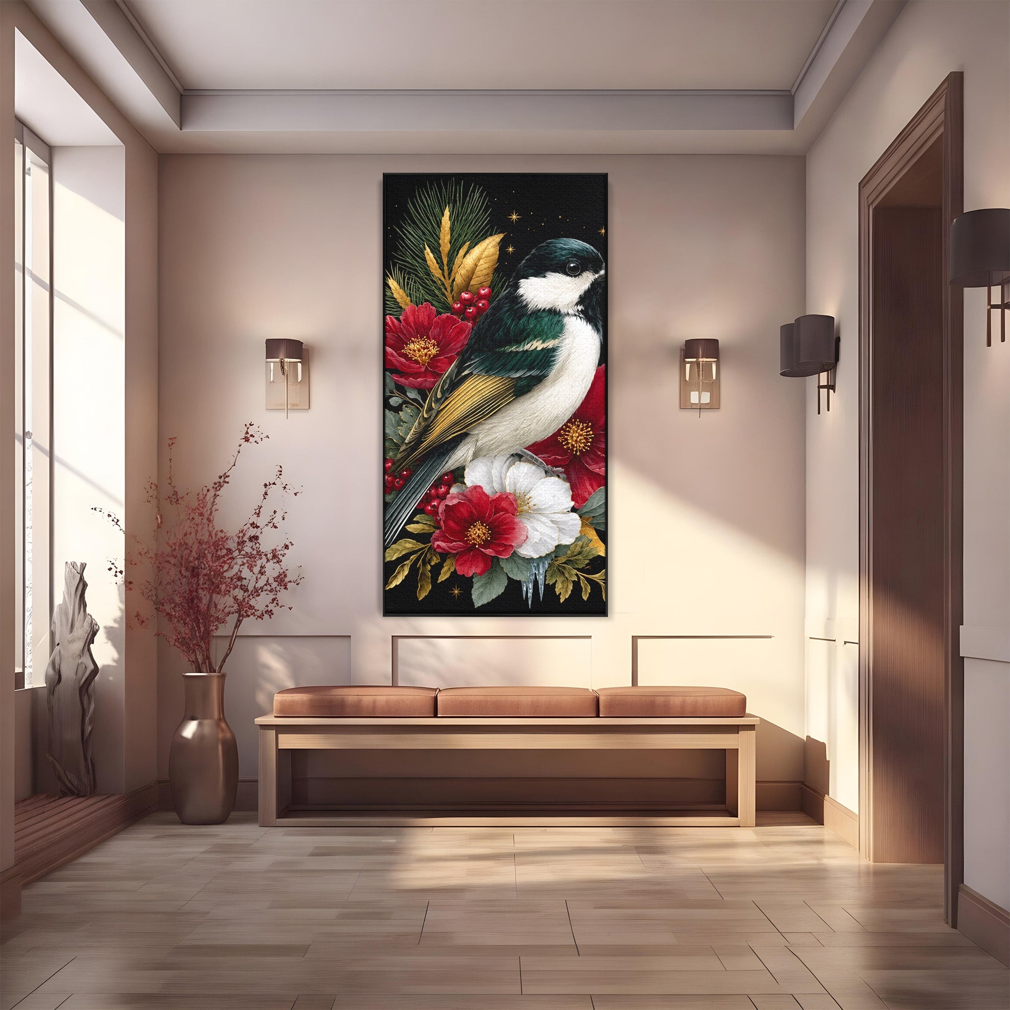 Tablou Canvas Premium LuxCanva® M1588, Pasare Si Flori Rosii, Pasare, Flori, Natura, Living, Dormitor, Culori Vibrante