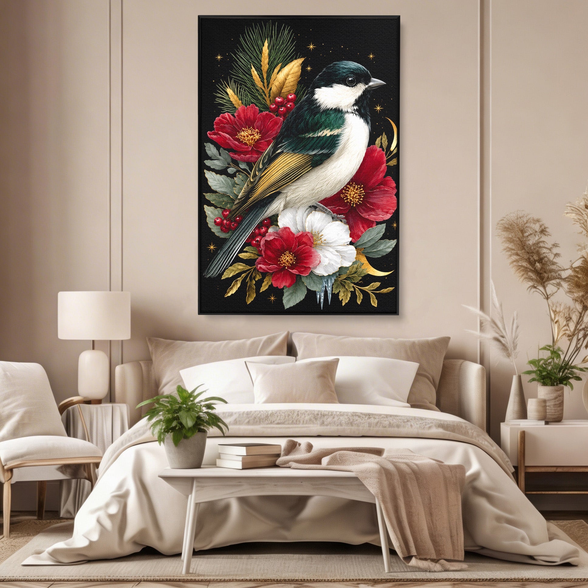 Tablou Canvas Premium LuxCanva® M1588, Pasare Si Flori Rosii, Pasare, Flori, Natura, Living, Dormitor, Culori Vibrante
