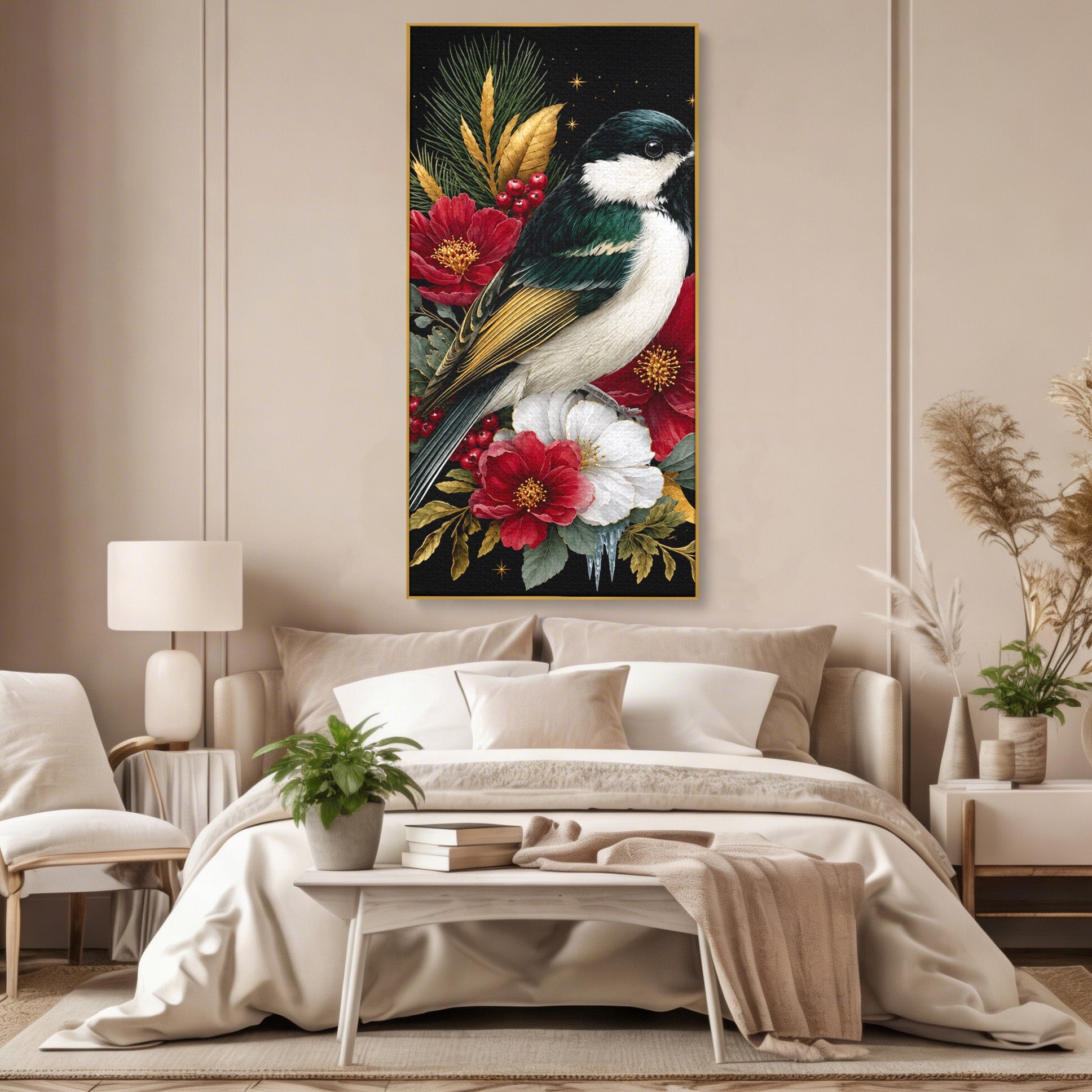 Tablou Canvas Premium LuxCanva® M1588, Pasare Si Flori Rosii, Pasare, Flori, Natura, Living, Dormitor, Culori Vibrante
