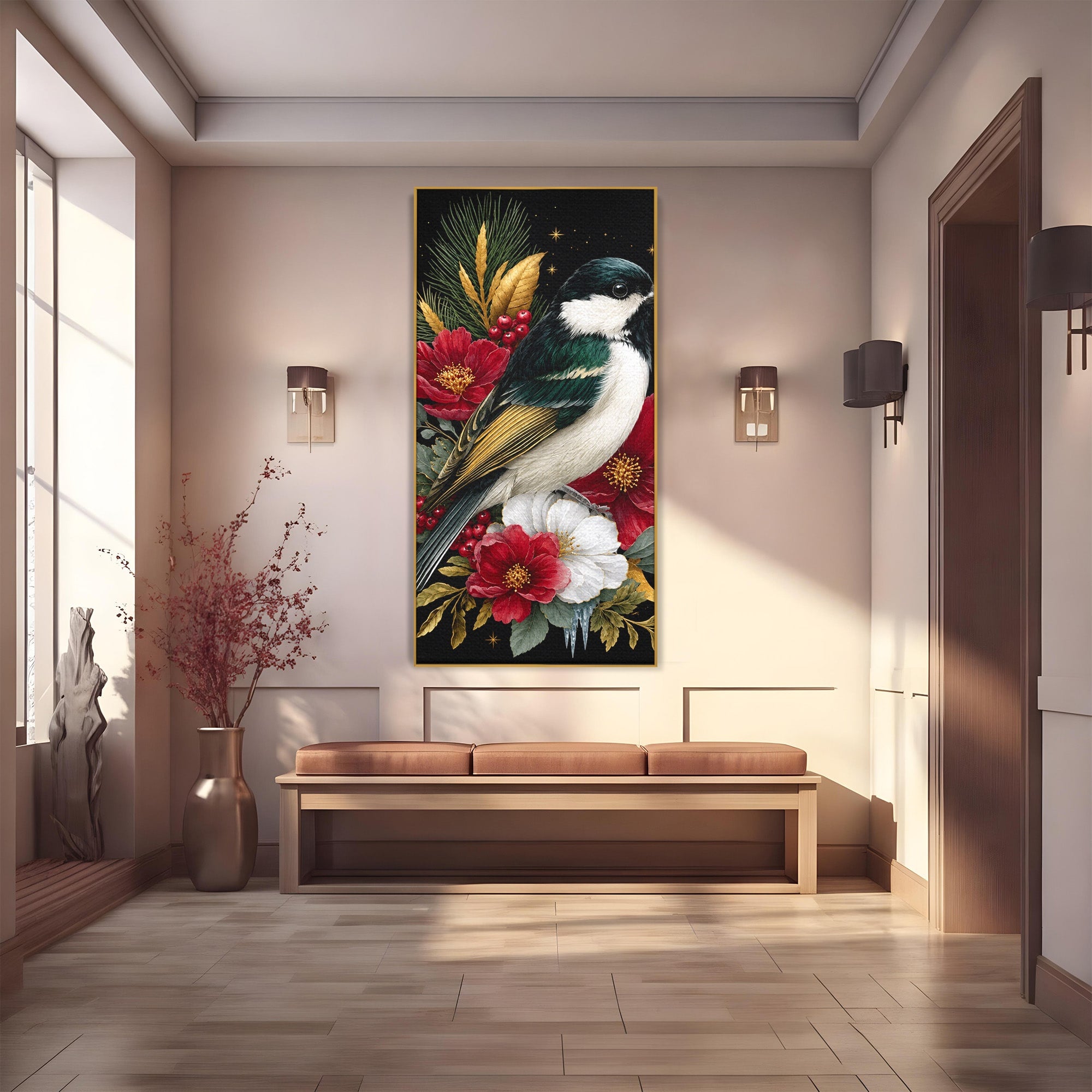 Tablou Canvas Premium LuxCanva® M1588, Pasare Si Flori Rosii, Pasare, Flori, Natura, Living, Dormitor, Culori Vibrante