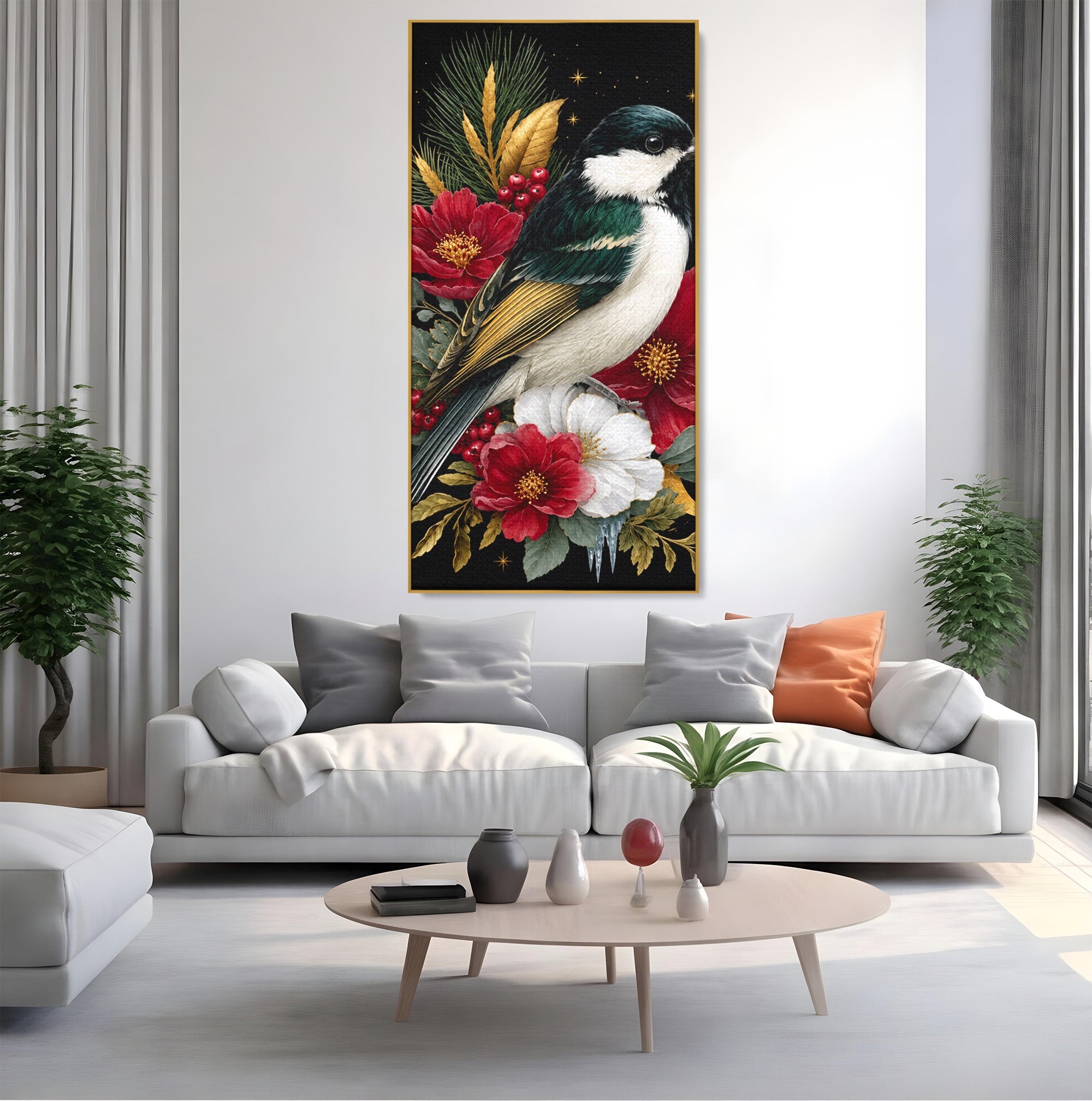 Tablou Canvas Premium LuxCanva® M1588, Pasare Si Flori Rosii, Pasare, Flori, Natura, Living, Dormitor, Culori Vibrante