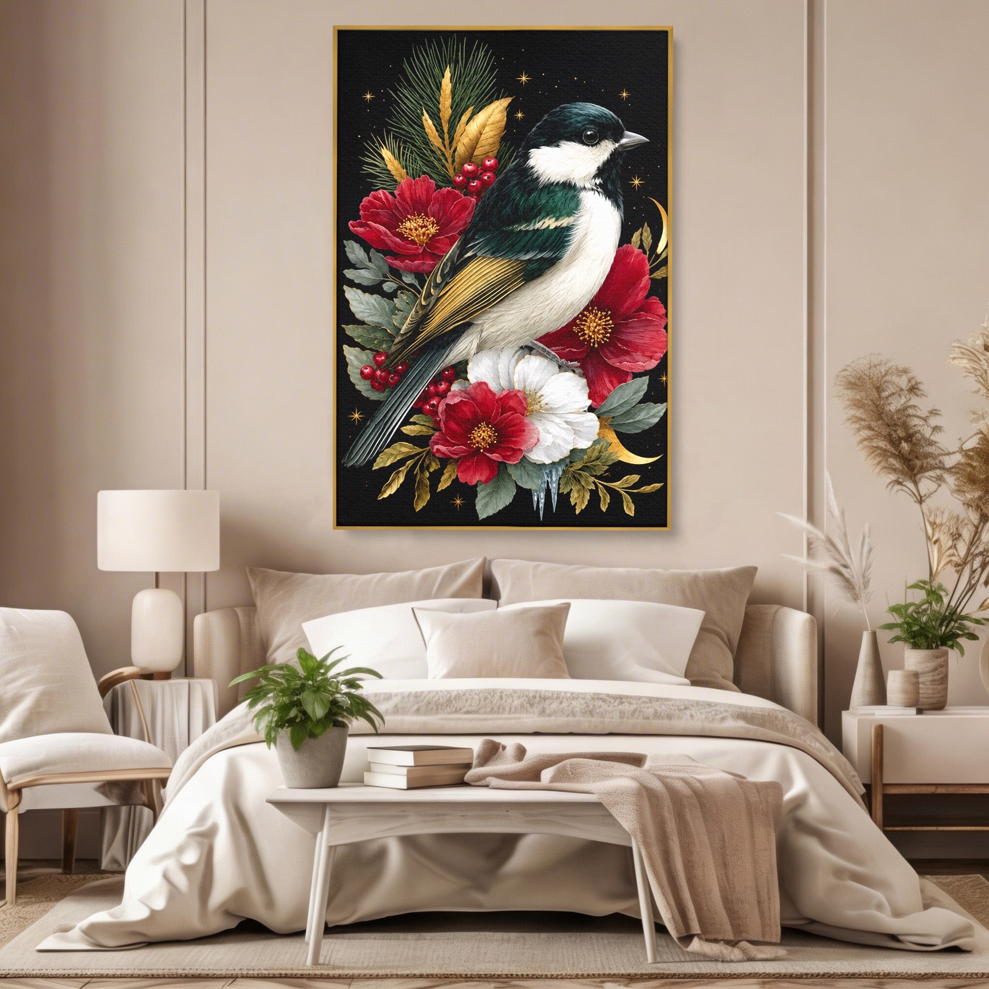 Tablou Canvas Premium LuxCanva® M1588, Pasare Si Flori Rosii, Pasare, Flori, Natura, Living, Dormitor, Culori Vibrante