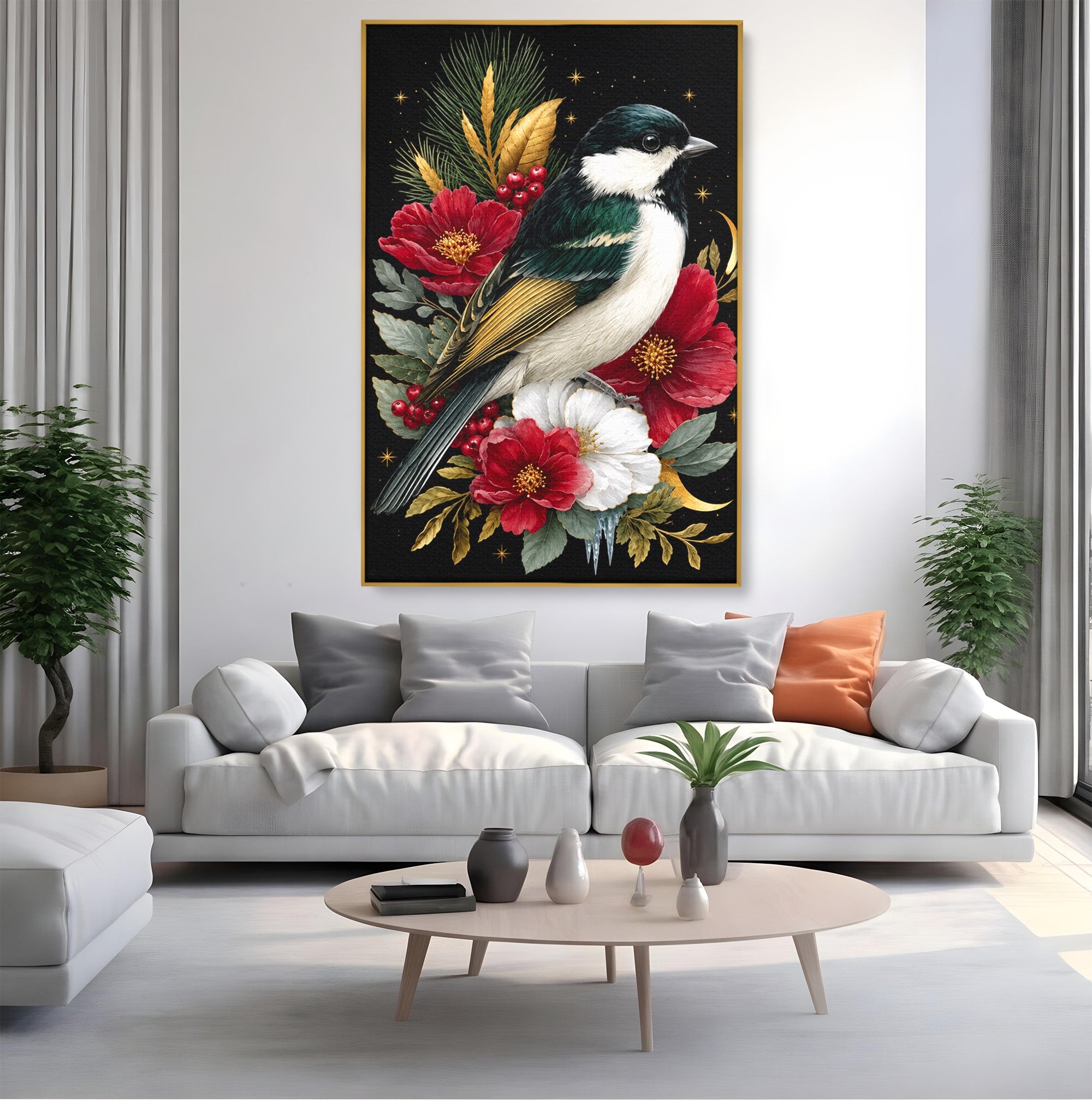 Tablou Canvas Premium LuxCanva® M1588, Pasare Si Flori Rosii, Pasare, Flori, Natura, Living, Dormitor, Culori Vibrante