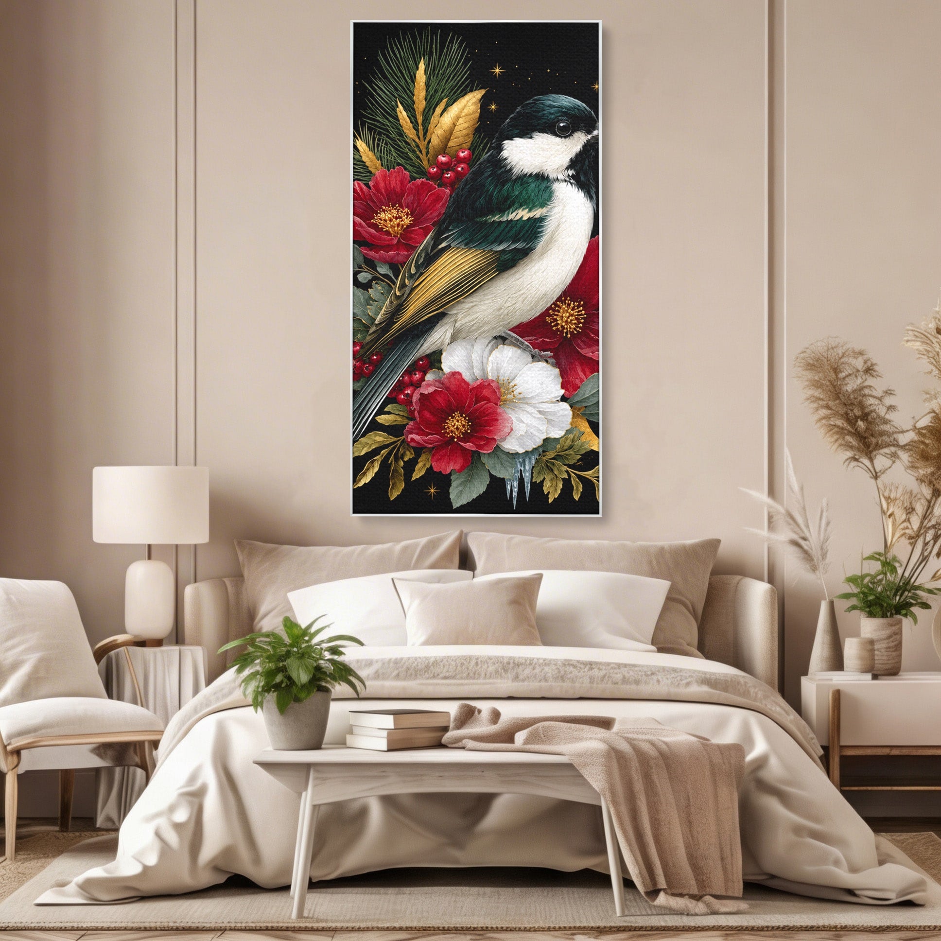 Tablou Canvas Premium LuxCanva® M1588, Pasare Si Flori Rosii, Pasare, Flori, Natura, Living, Dormitor, Culori Vibrante