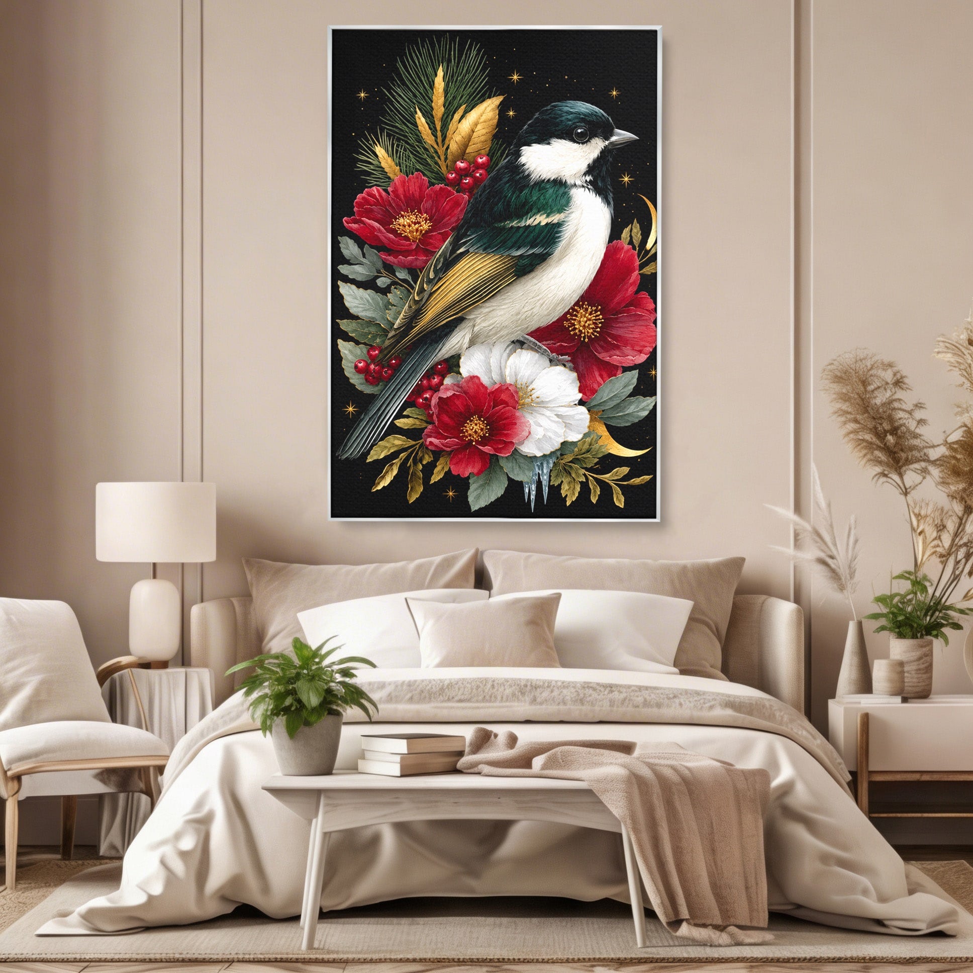 Tablou Canvas Premium LuxCanva® M1588, Pasare Si Flori Rosii, Pasare, Flori, Natura, Living, Dormitor, Culori Vibrante
