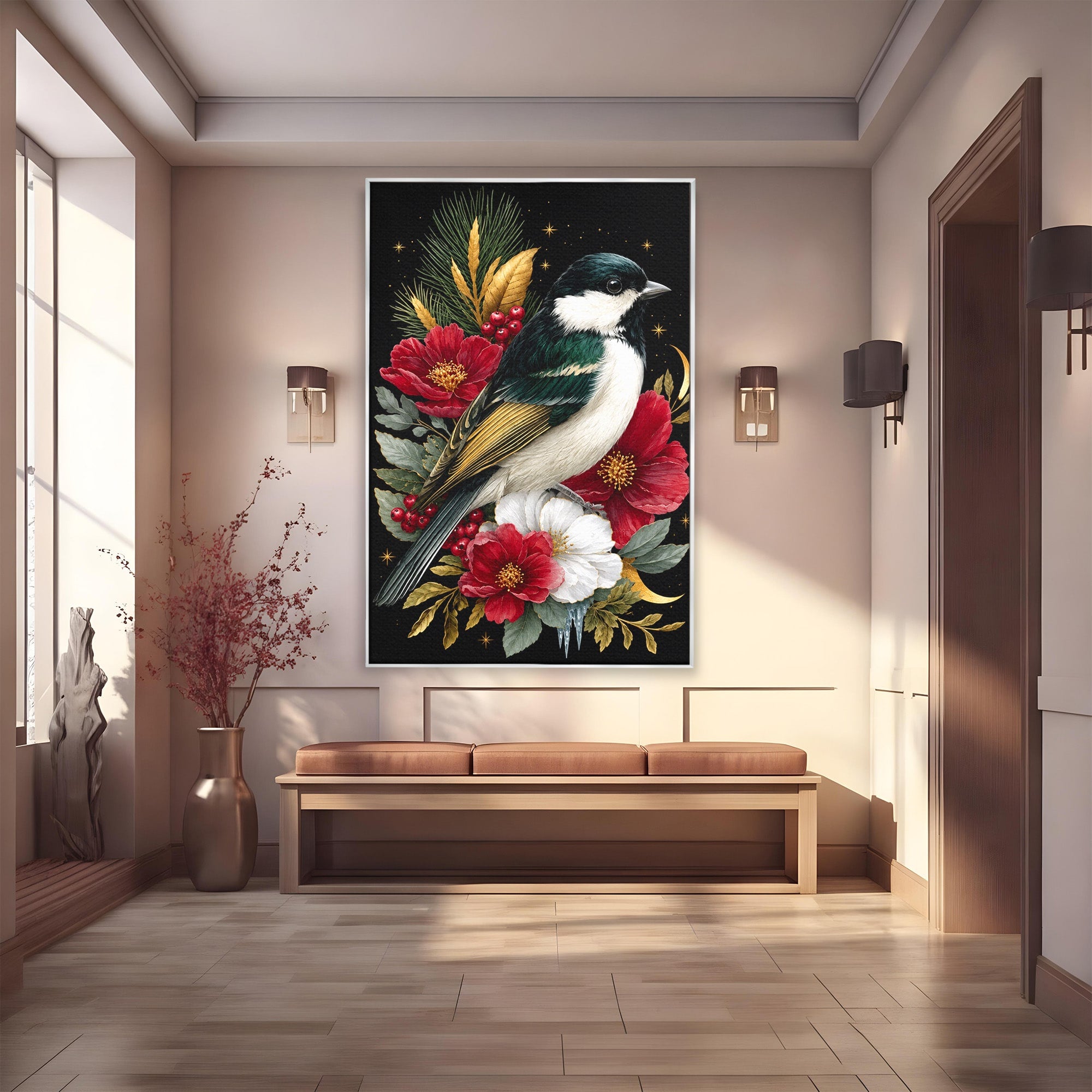 Tablou Canvas Premium LuxCanva® M1588, Pasare Si Flori Rosii, Pasare, Flori, Natura, Living, Dormitor, Culori Vibrante