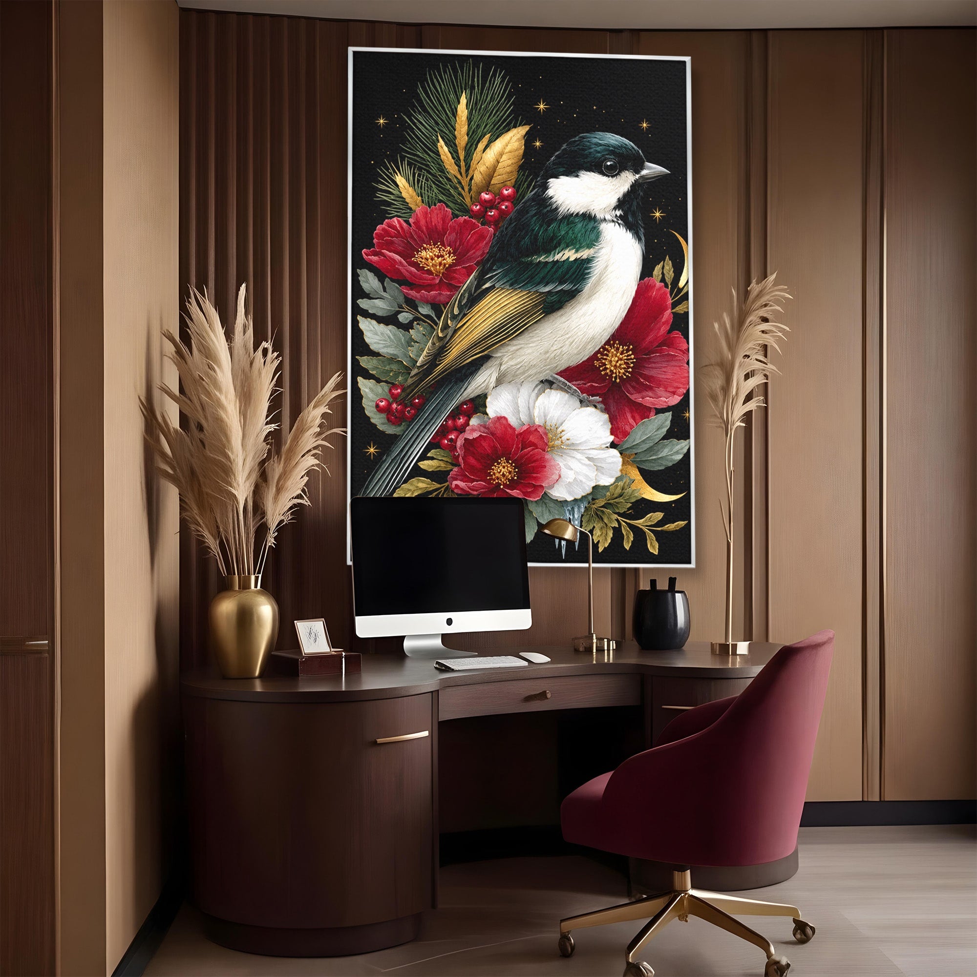 Tablou Canvas Premium LuxCanva® M1588, Pasare Si Flori Rosii, Pasare, Flori, Natura, Living, Dormitor, Culori Vibrante