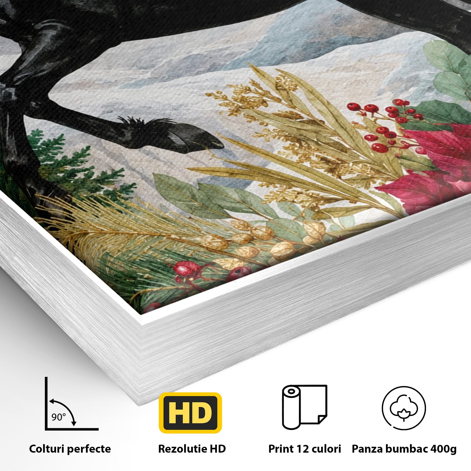 Tablou Canvas Premium LuxCanva® M1589, Cal Negru Majestic, Cal, Natura, Iarna, Living, Eleganta, Culori Vibrante