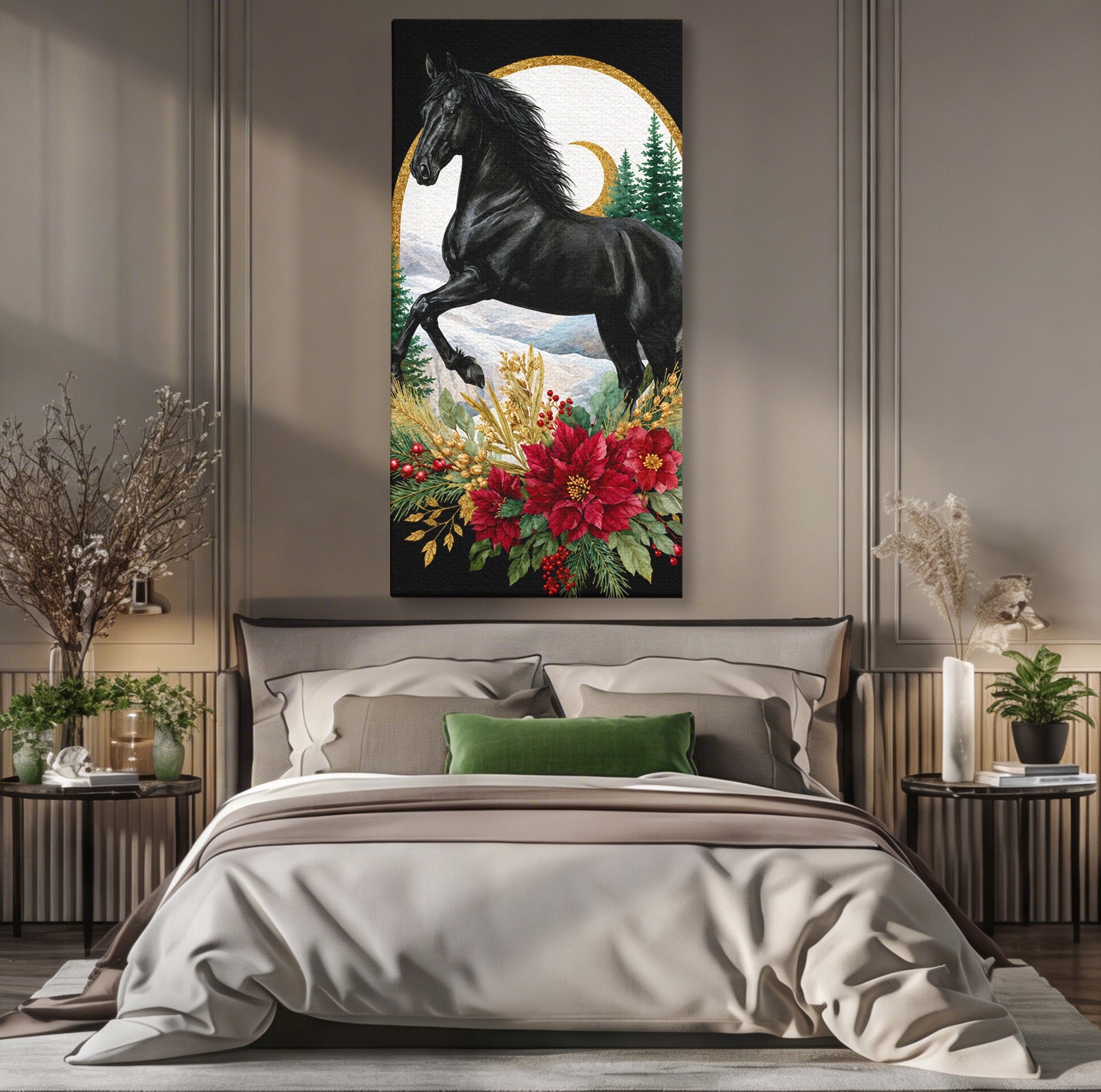 Tablou Canvas Premium LuxCanva® M1589, Cal Negru Majestic, Cal, Natura, Iarna, Living, Eleganta, Culori Vibrante