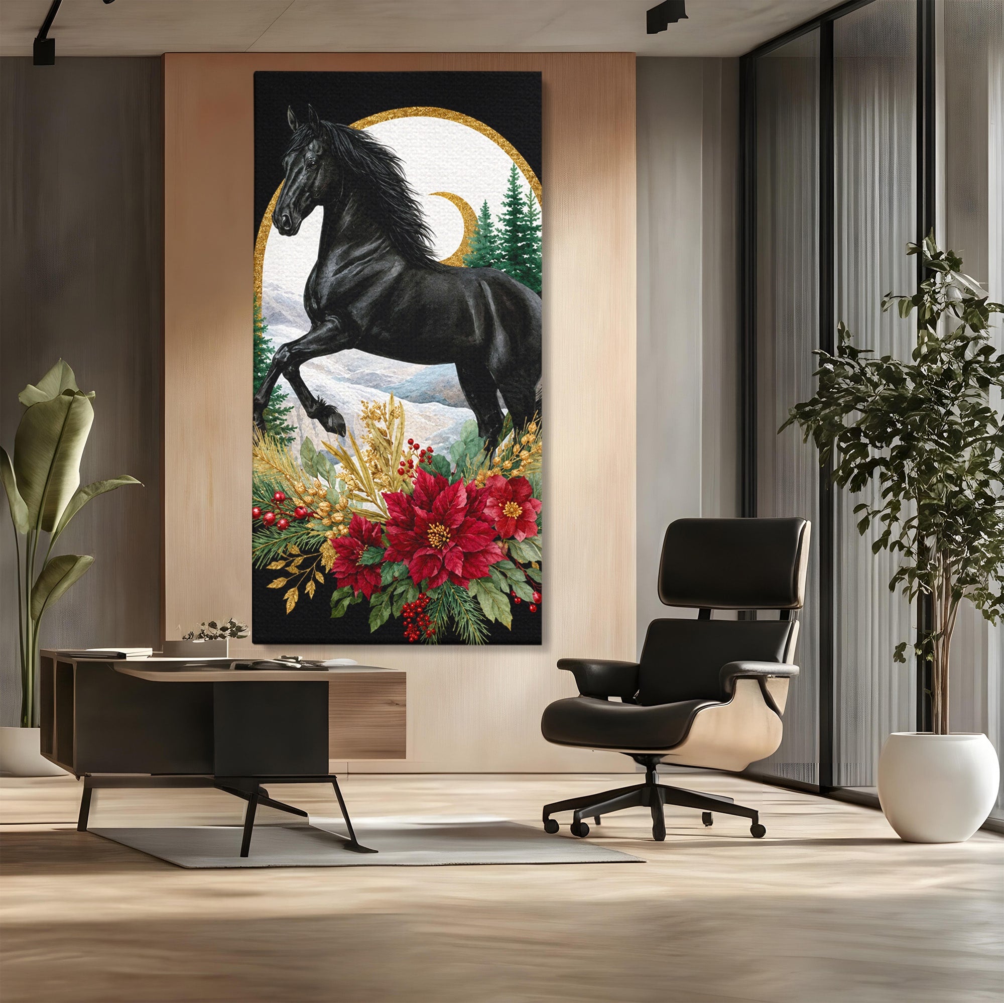Tablou Canvas Premium LuxCanva® M1589, Cal Negru Majestic, Cal, Natura, Iarna, Living, Eleganta, Culori Vibrante
