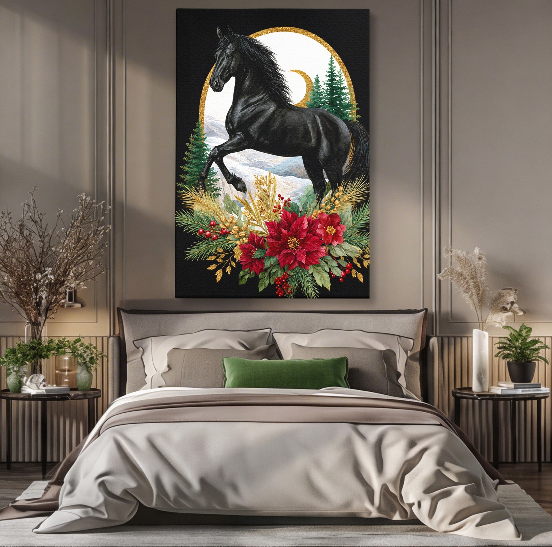 Tablou Canvas Premium LuxCanva® M1589, Cal Negru Majestic, Cal, Natura, Iarna, Living, Eleganta, Culori Vibrante