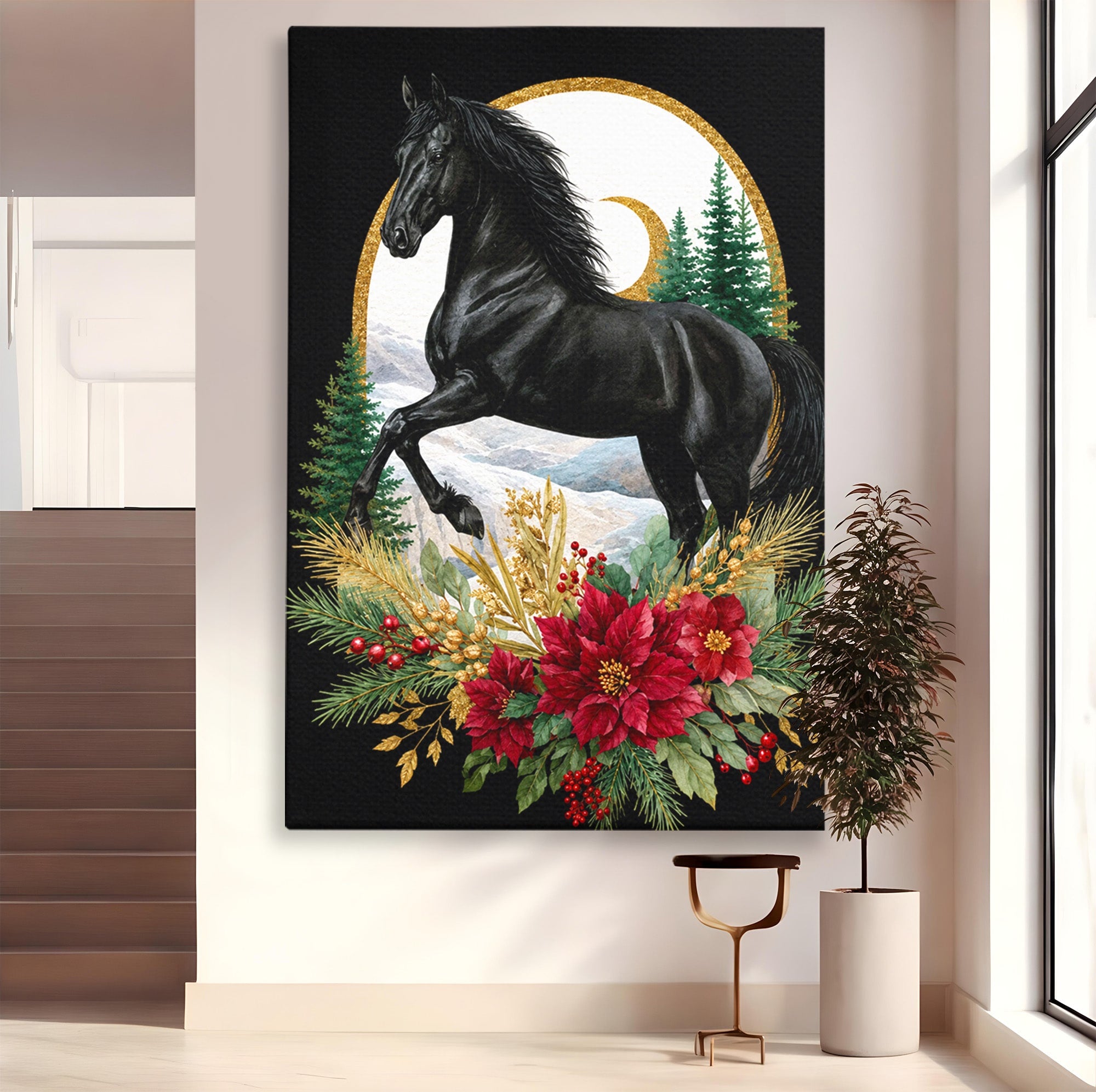 Tablou Canvas Premium LuxCanva® M1589, Cal Negru Majestic, Cal, Natura, Iarna, Living, Eleganta, Culori Vibrante