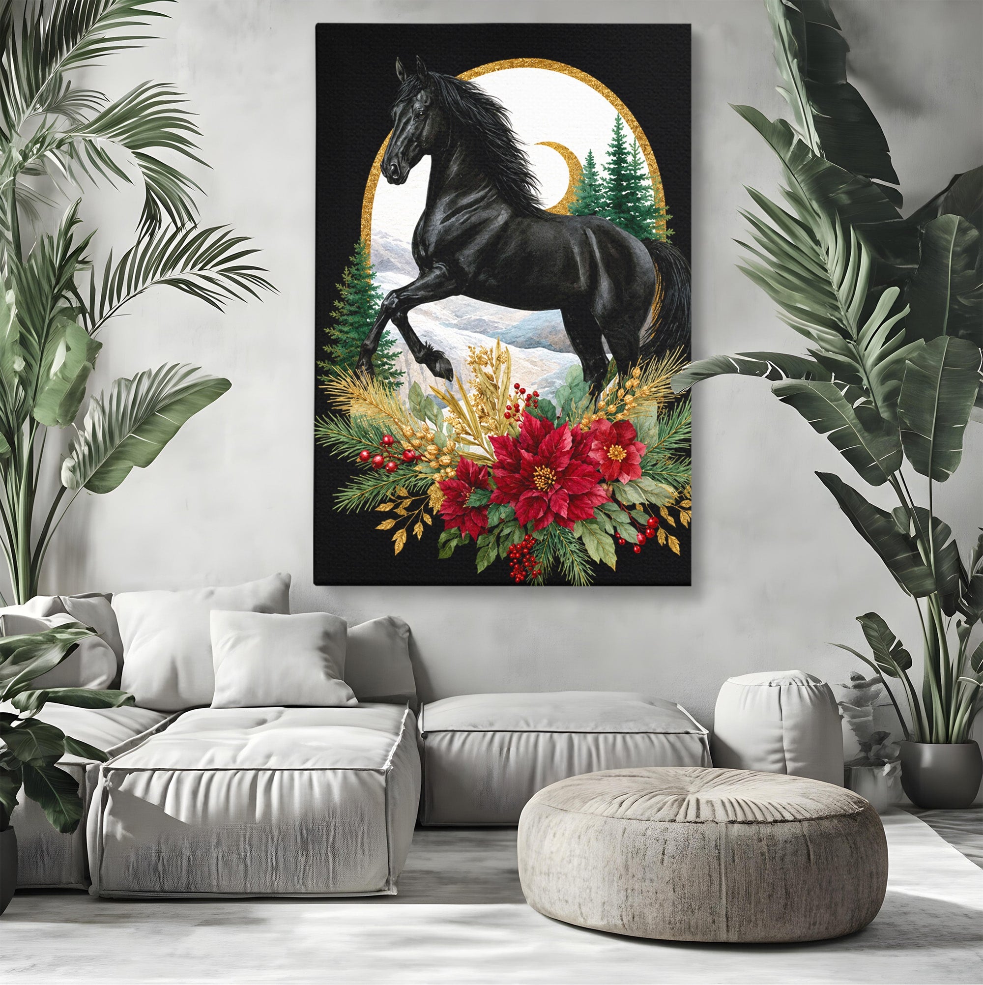 Tablou Canvas Premium LuxCanva® M1589, Cal Negru Majestic, Cal, Natura, Iarna, Living, Eleganta, Culori Vibrante