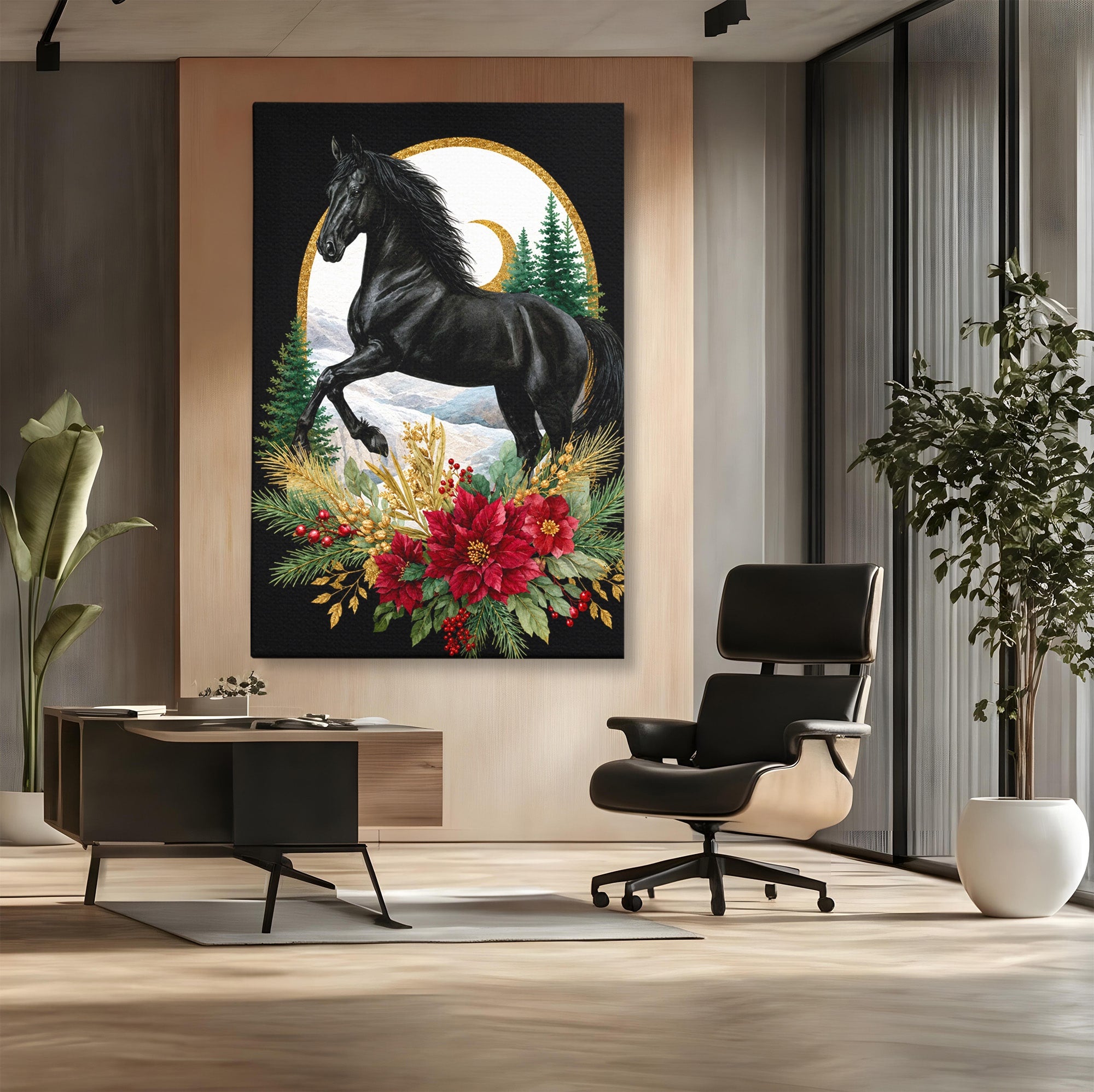 Tablou Canvas Premium LuxCanva® M1589, Cal Negru Majestic, Cal, Natura, Iarna, Living, Eleganta, Culori Vibrante