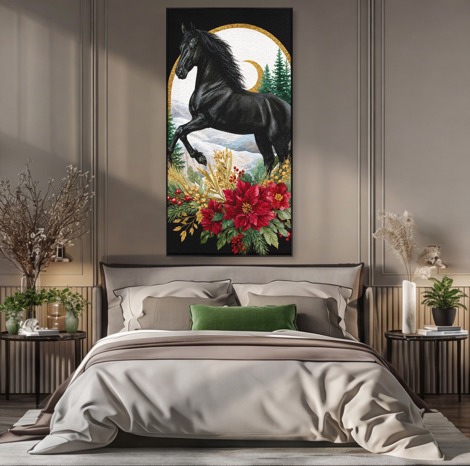 Tablou Canvas Premium LuxCanva® M1589, Cal Negru Majestic, Cal, Natura, Iarna, Living, Eleganta, Culori Vibrante