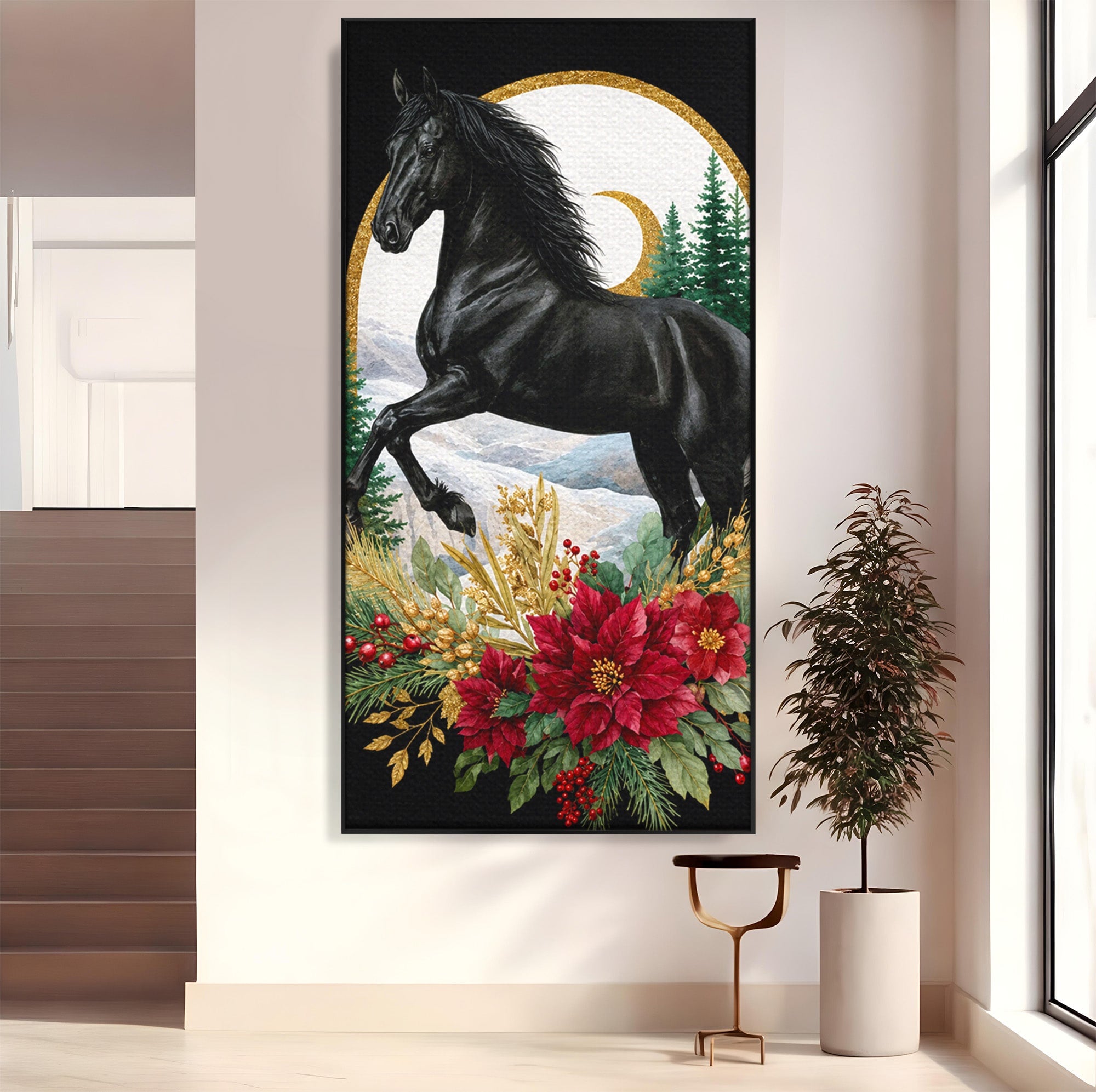 Tablou Canvas Premium LuxCanva® M1589, Cal Negru Majestic, Cal, Natura, Iarna, Living, Eleganta, Culori Vibrante