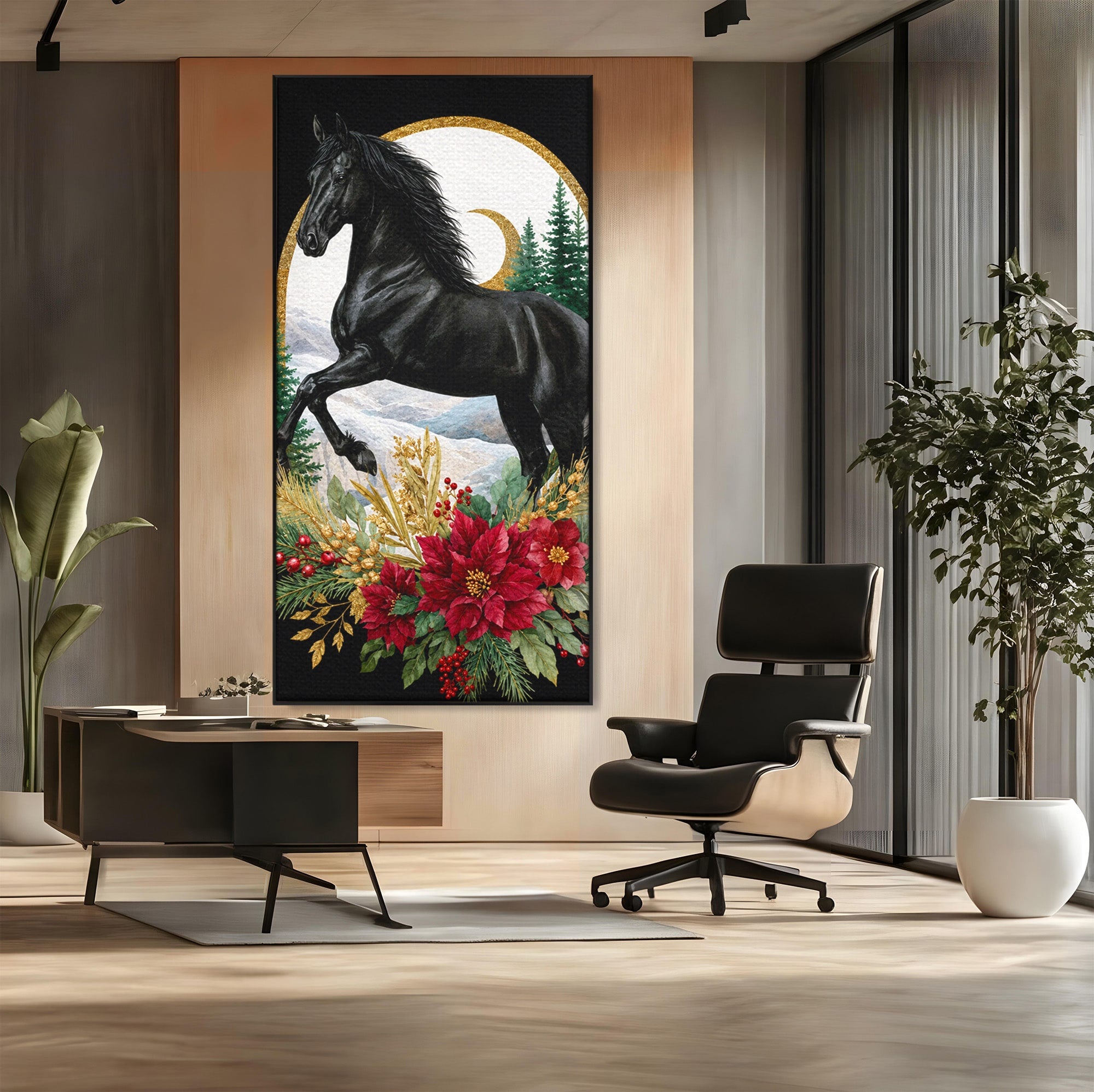 Tablou Canvas Premium LuxCanva® M1589, Cal Negru Majestic, Cal, Natura, Iarna, Living, Eleganta, Culori Vibrante