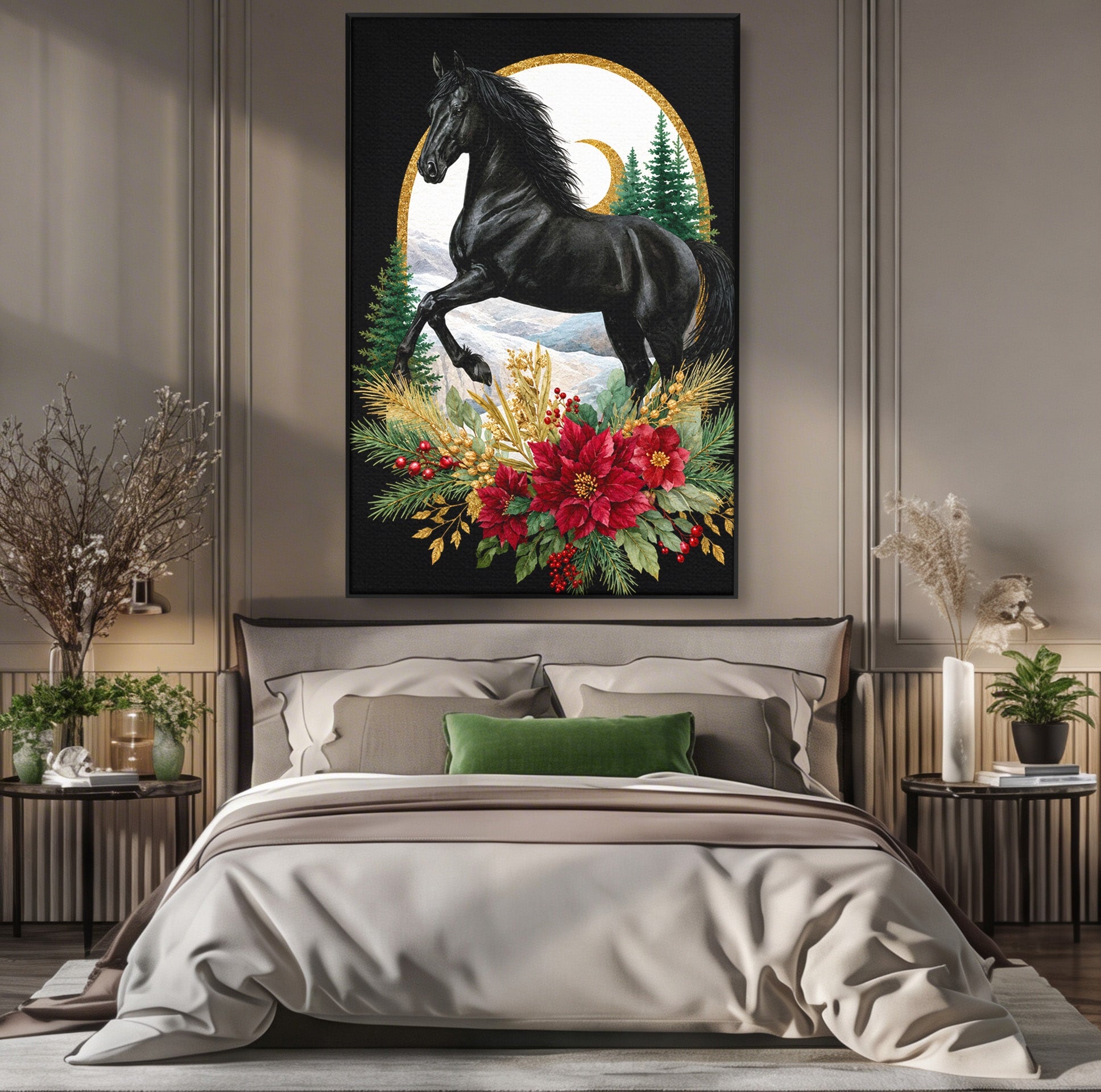 Tablou Canvas Premium LuxCanva® M1589, Cal Negru Majestic, Cal, Natura, Iarna, Living, Eleganta, Culori Vibrante