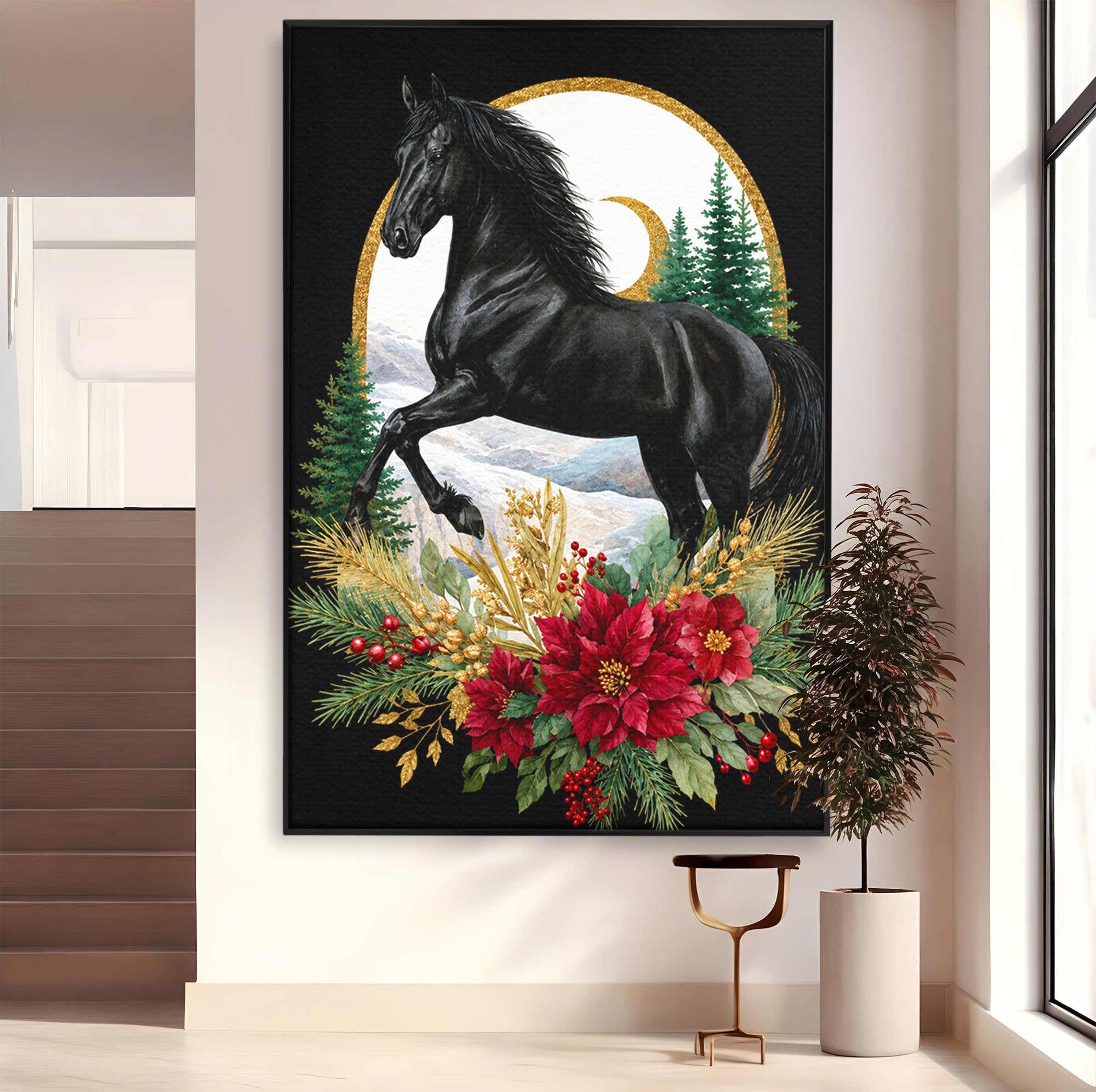 Tablou Canvas Premium LuxCanva® M1589, Cal Negru Majestic, Cal, Natura, Iarna, Living, Eleganta, Culori Vibrante