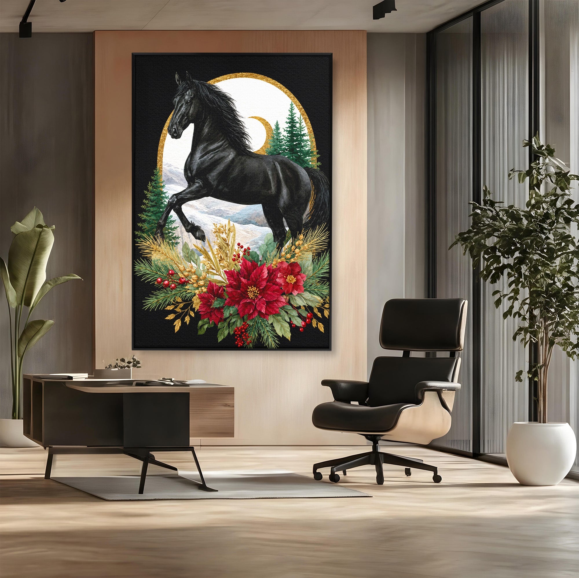 Tablou Canvas Premium LuxCanva® M1589, Cal Negru Majestic, Cal, Natura, Iarna, Living, Eleganta, Culori Vibrante