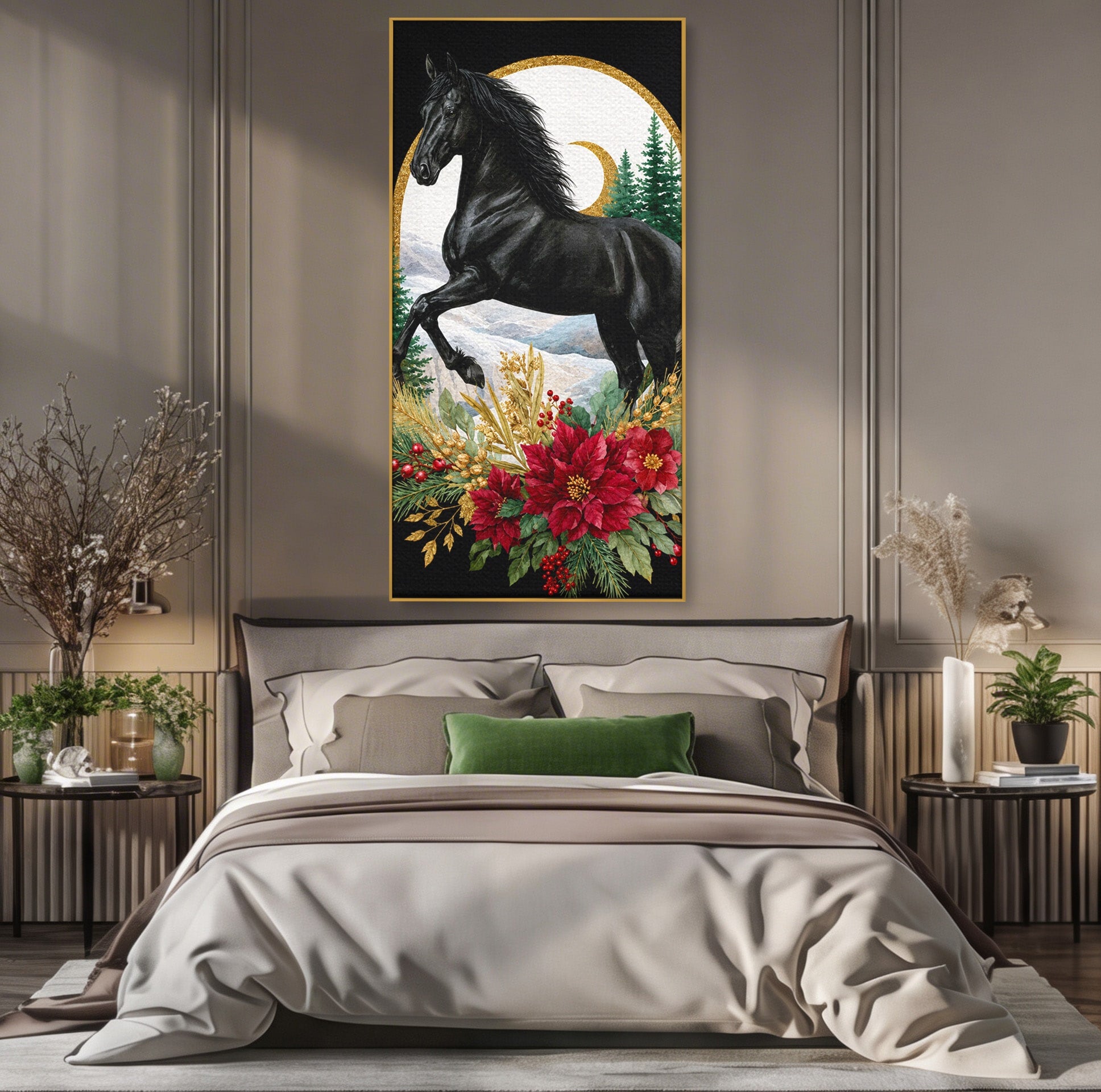 Tablou Canvas Premium LuxCanva® M1589, Cal Negru Majestic, Cal, Natura, Iarna, Living, Eleganta, Culori Vibrante