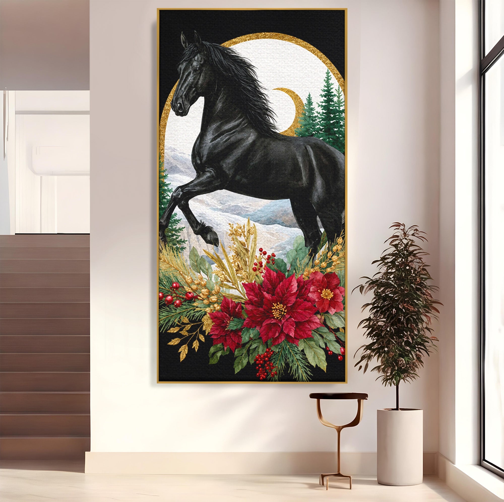 Tablou Canvas Premium LuxCanva® M1589, Cal Negru Majestic, Cal, Natura, Iarna, Living, Eleganta, Culori Vibrante