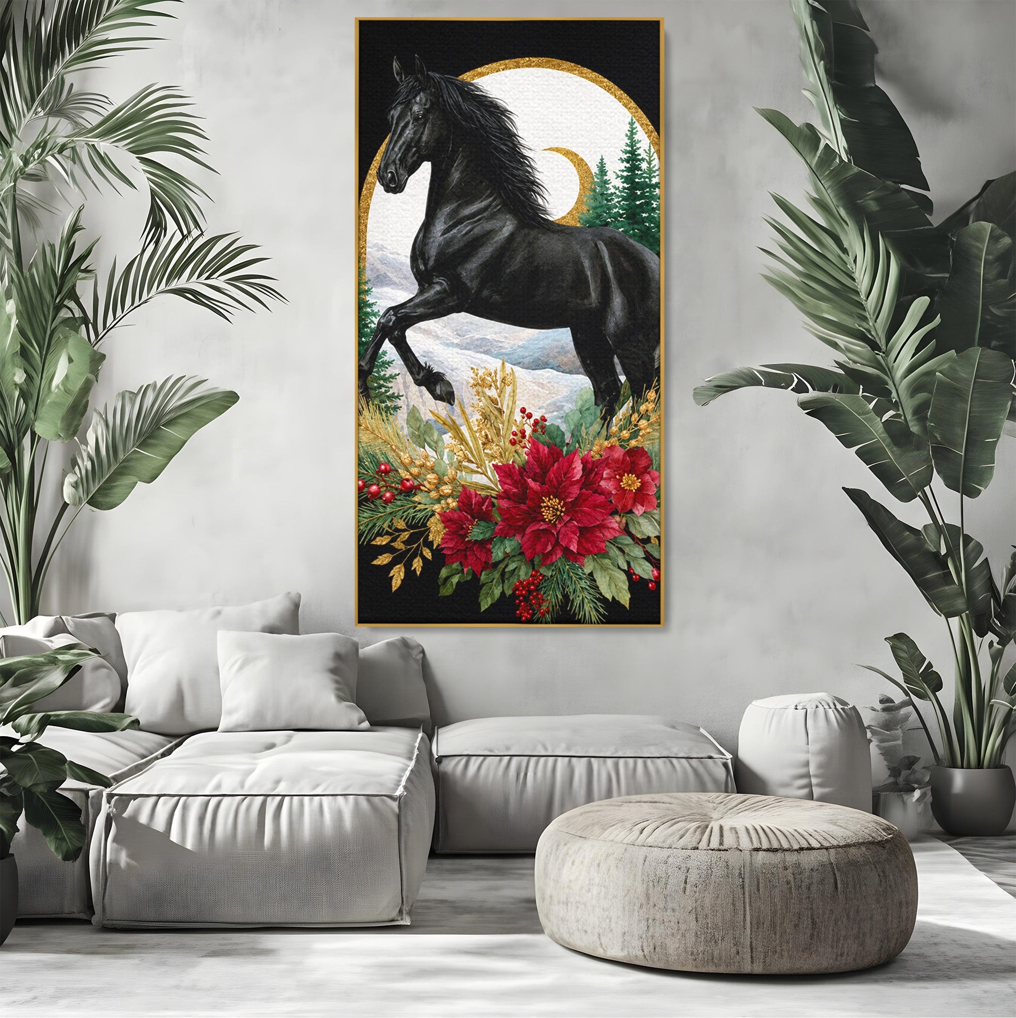 Tablou Canvas Premium LuxCanva® M1589, Cal Negru Majestic, Cal, Natura, Iarna, Living, Eleganta, Culori Vibrante
