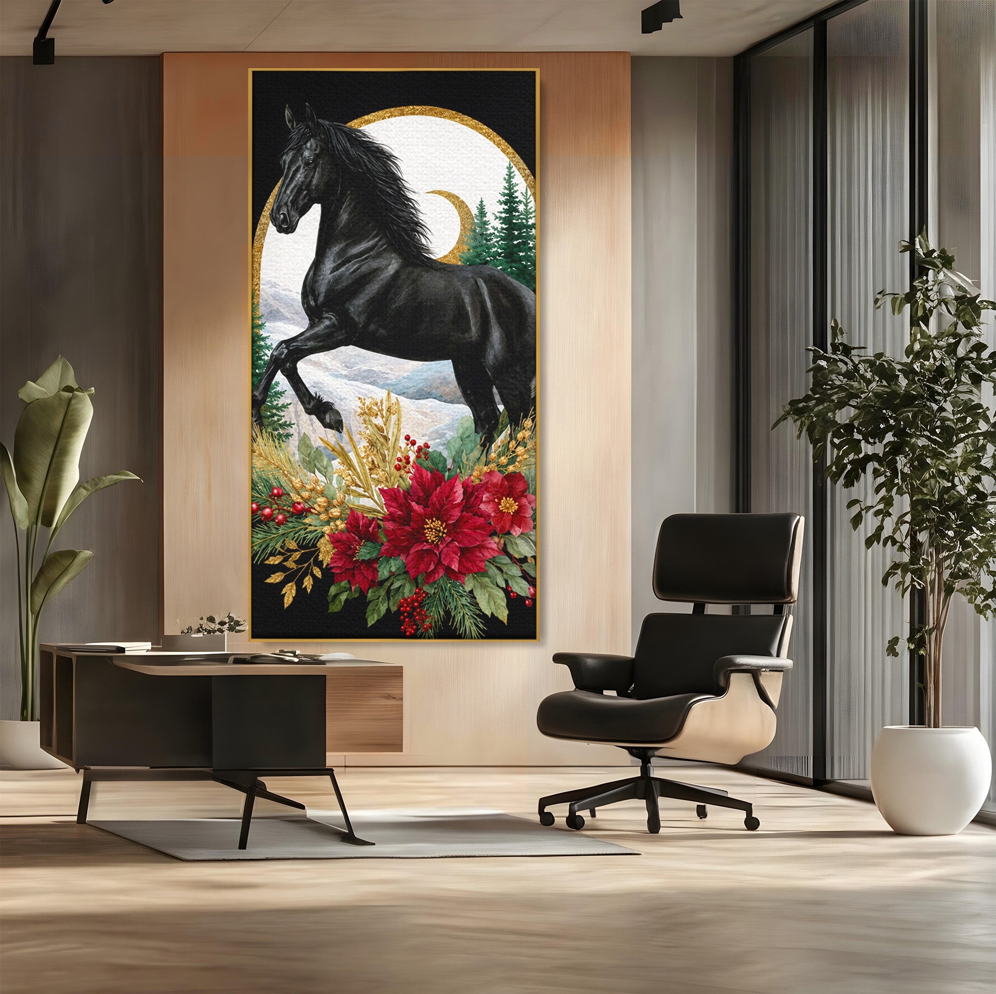 Tablou Canvas Premium LuxCanva® M1589, Cal Negru Majestic, Cal, Natura, Iarna, Living, Eleganta, Culori Vibrante