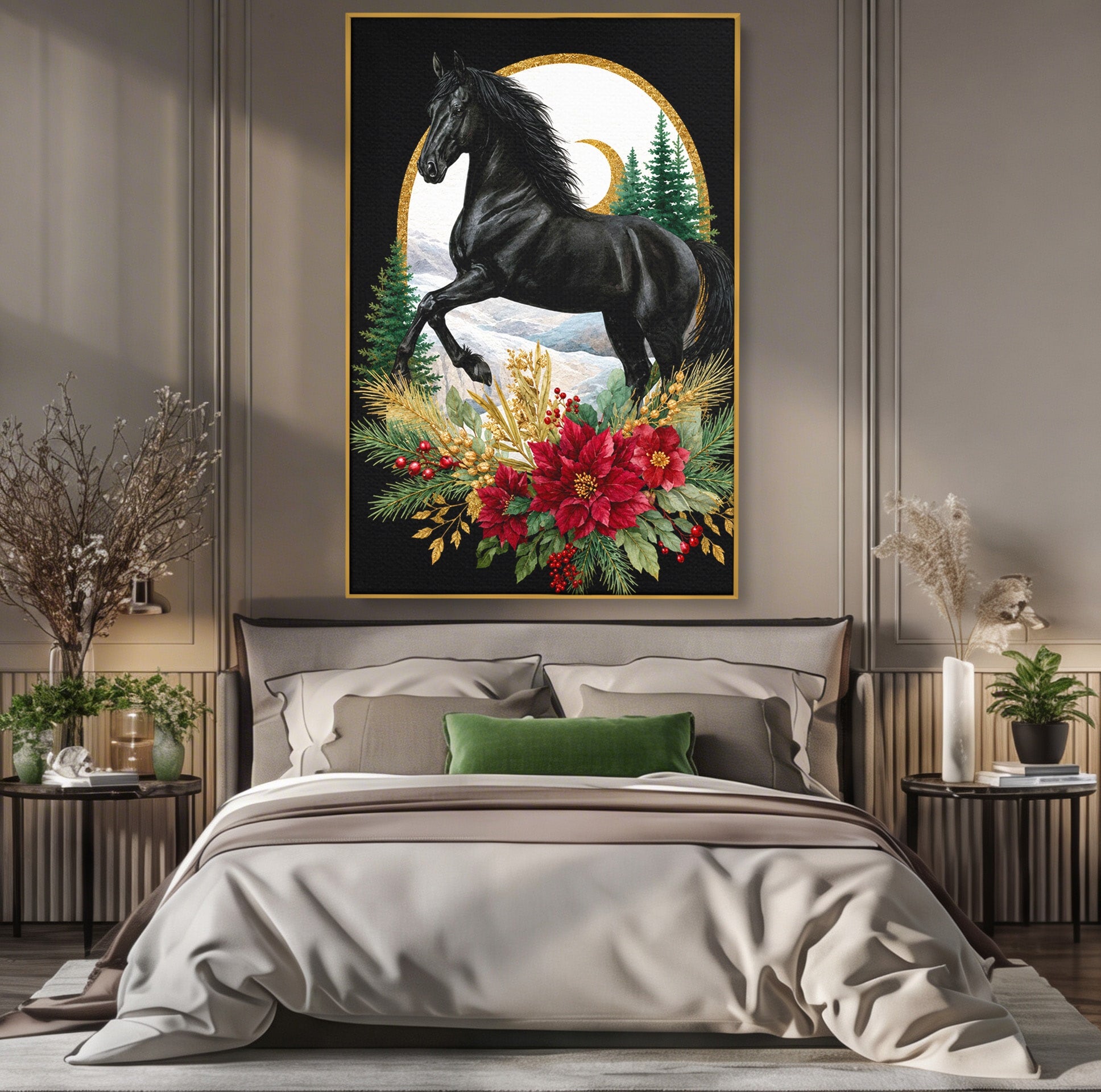 Tablou Canvas Premium LuxCanva® M1589, Cal Negru Majestic, Cal, Natura, Iarna, Living, Eleganta, Culori Vibrante