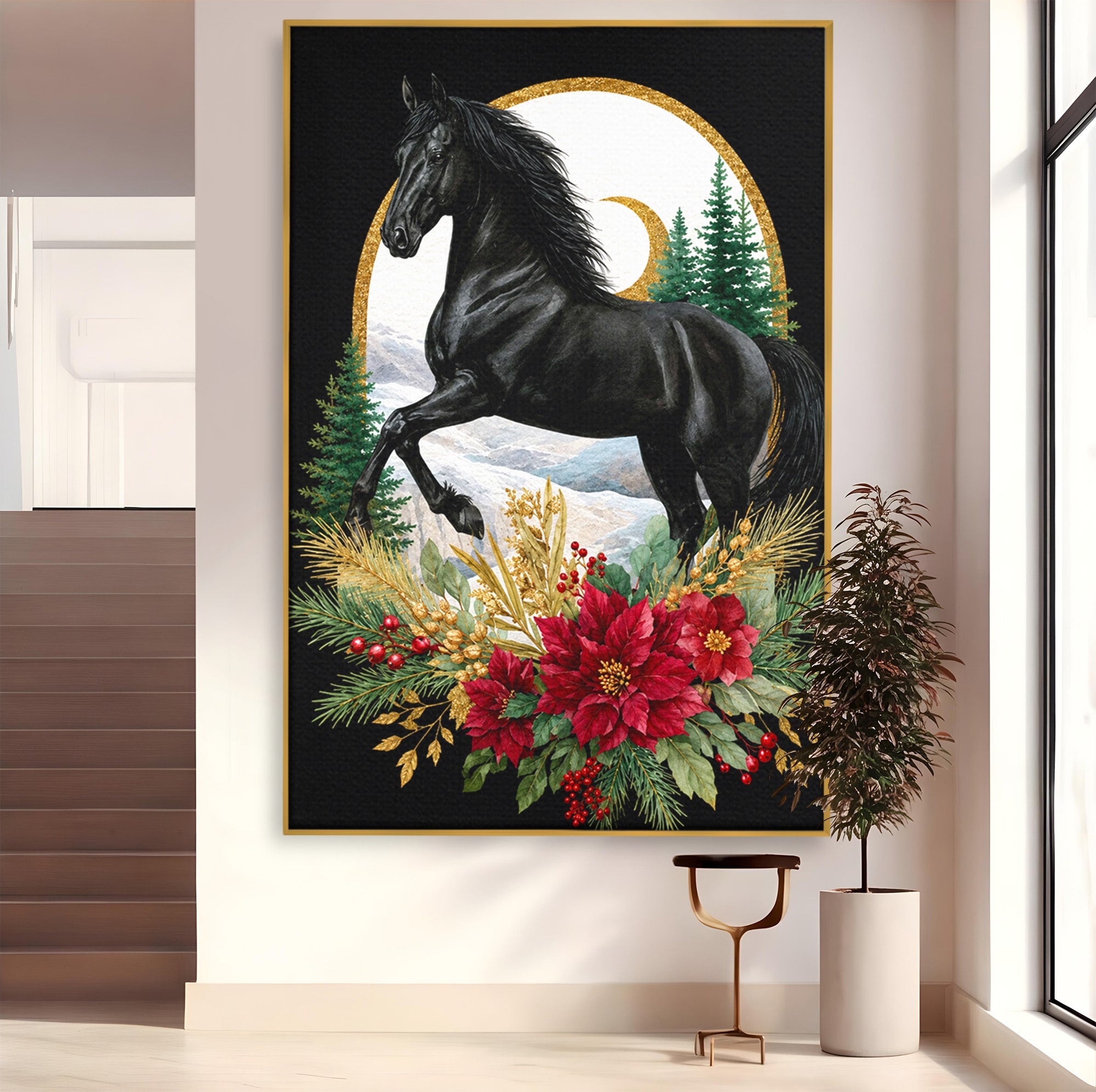 Tablou Canvas Premium LuxCanva® M1589, Cal Negru Majestic, Cal, Natura, Iarna, Living, Eleganta, Culori Vibrante