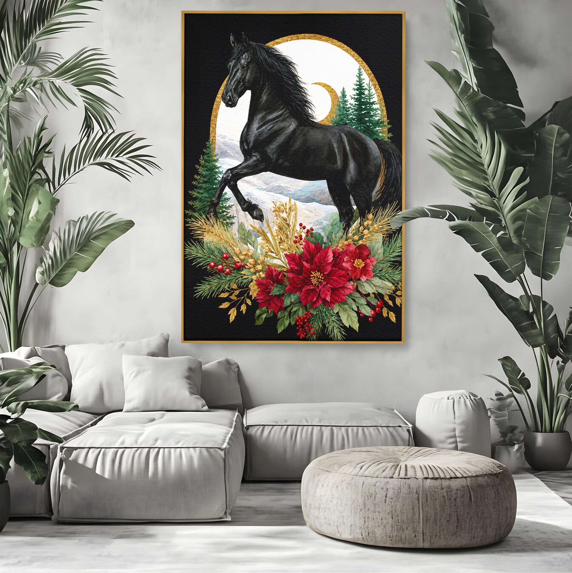 Tablou Canvas Premium LuxCanva® M1589, Cal Negru Majestic, Cal, Natura, Iarna, Living, Eleganta, Culori Vibrante