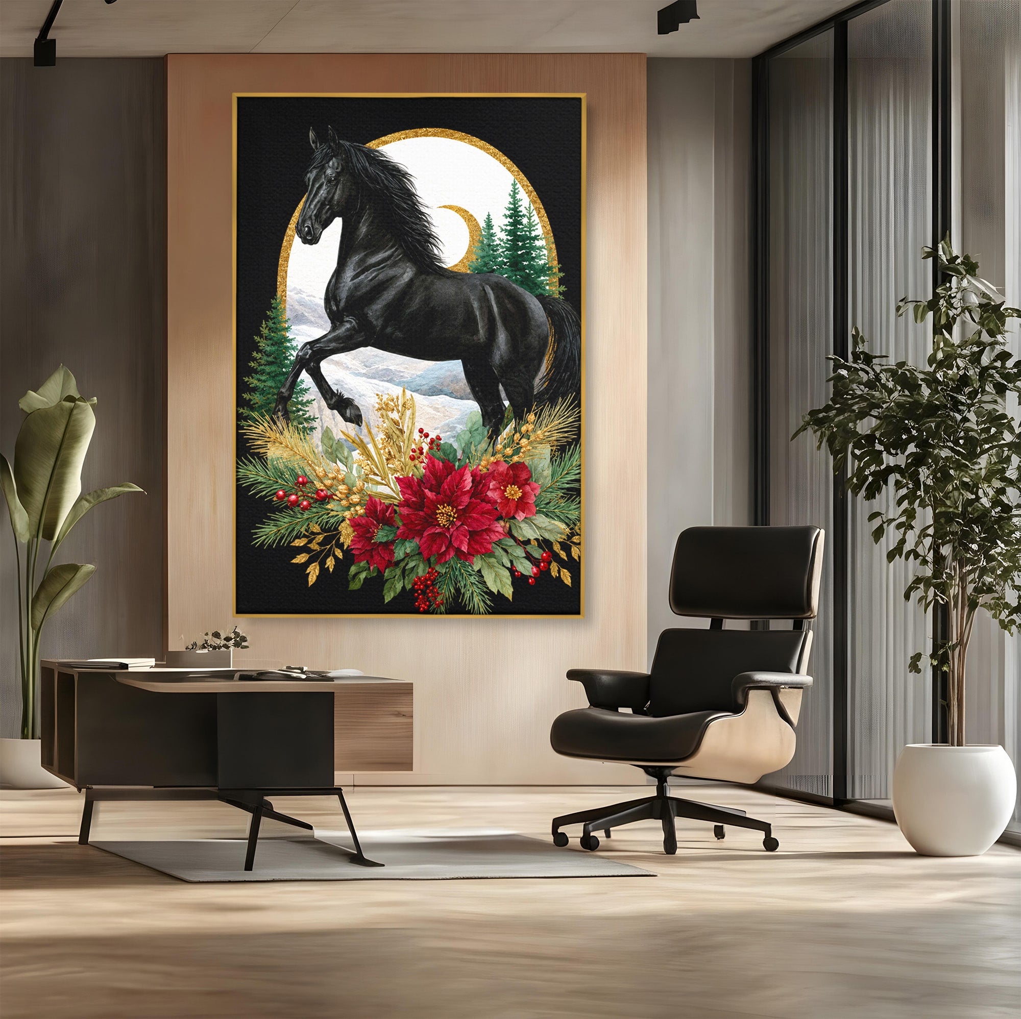 Tablou Canvas Premium LuxCanva® M1589, Cal Negru Majestic, Cal, Natura, Iarna, Living, Eleganta, Culori Vibrante