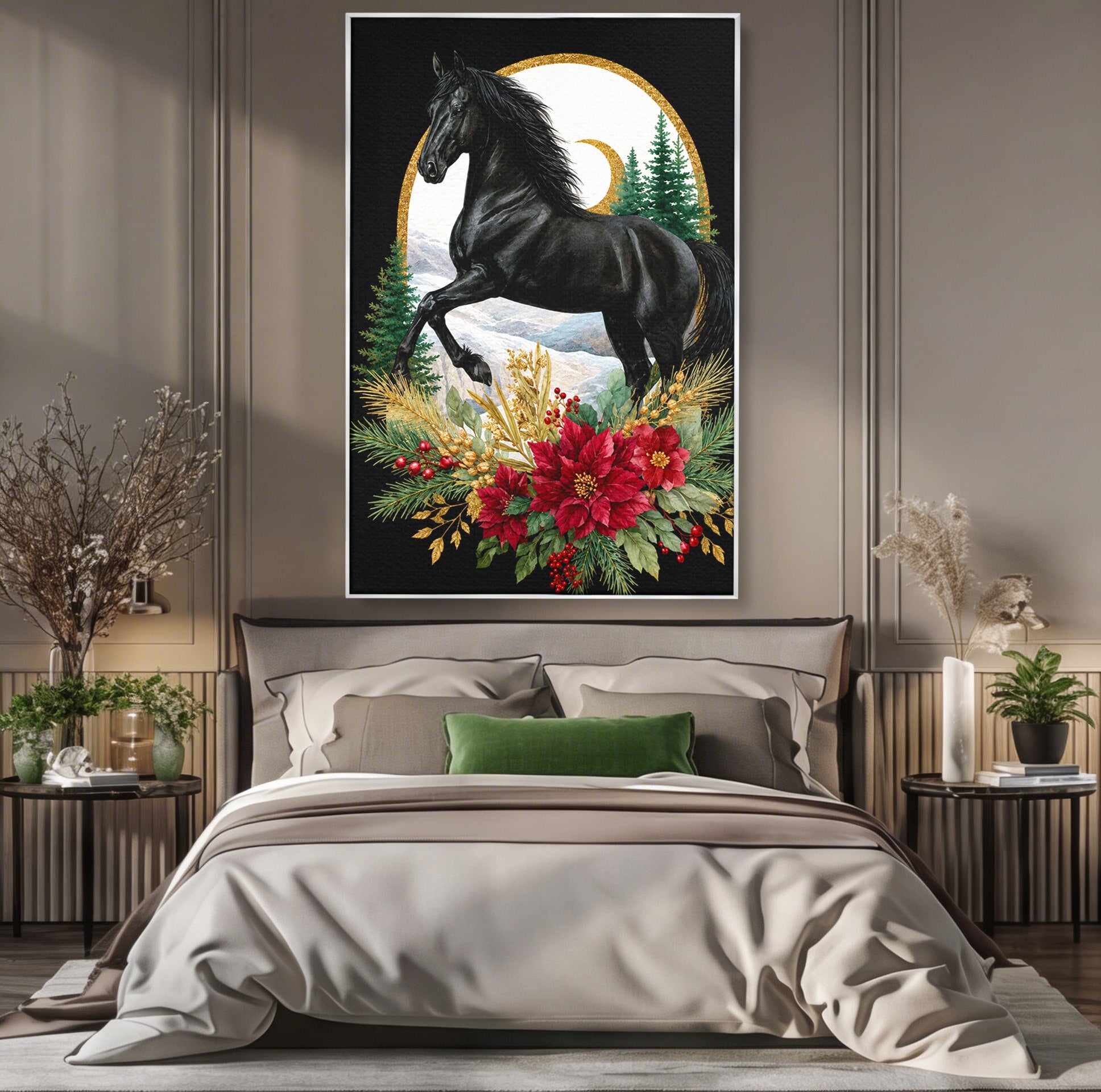 Tablou Canvas Premium LuxCanva® M1589, Cal Negru Majestic, Cal, Natura, Iarna, Living, Eleganta, Culori Vibrante
