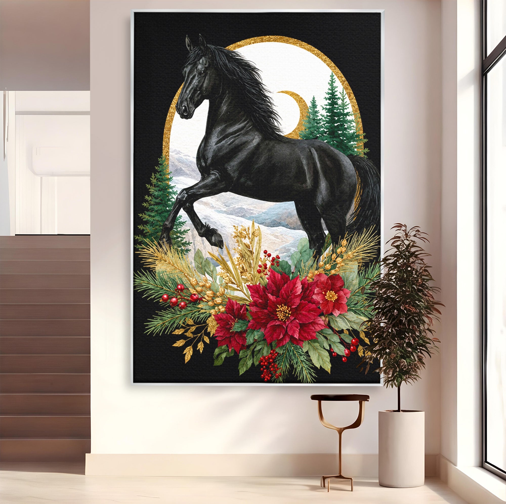 Tablou Canvas Premium LuxCanva® M1589, Cal Negru Majestic, Cal, Natura, Iarna, Living, Eleganta, Culori Vibrante