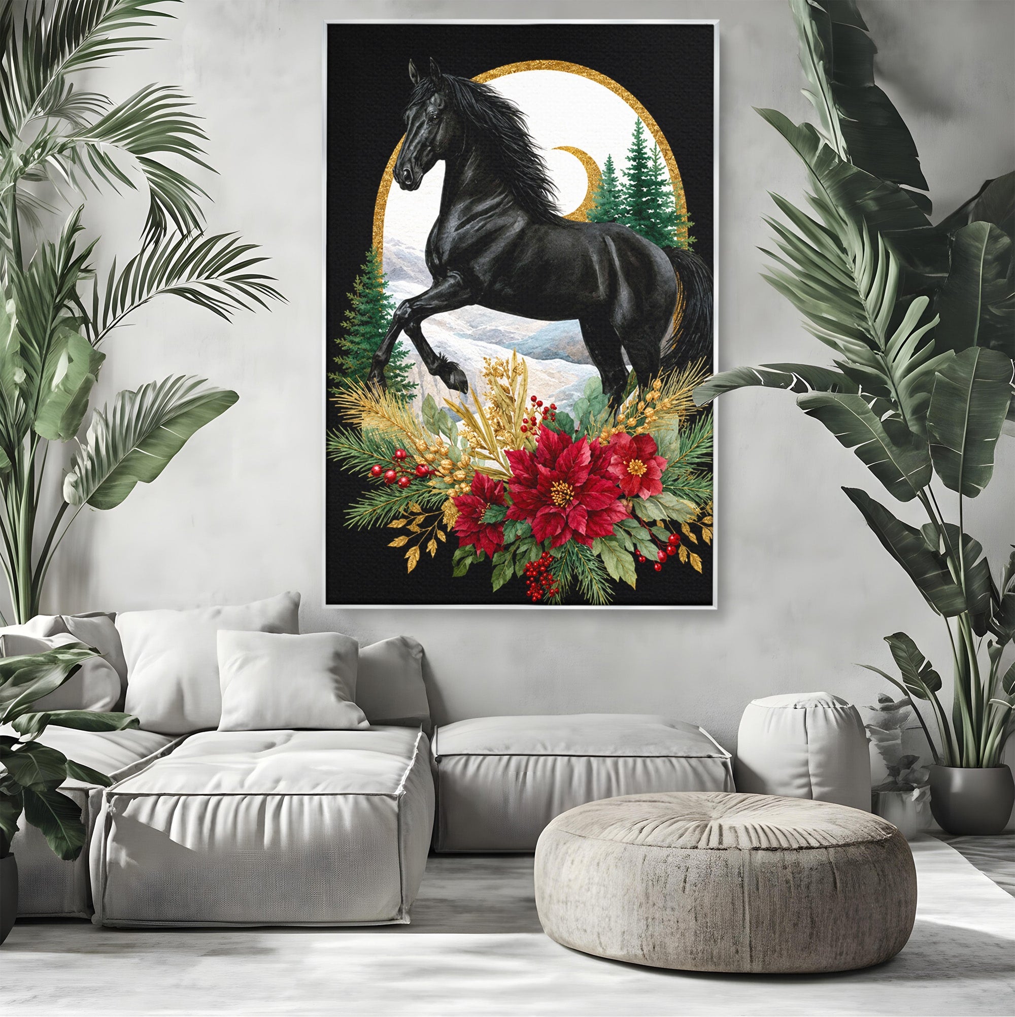Tablou Canvas Premium LuxCanva® M1589, Cal Negru Majestic, Cal, Natura, Iarna, Living, Eleganta, Culori Vibrante