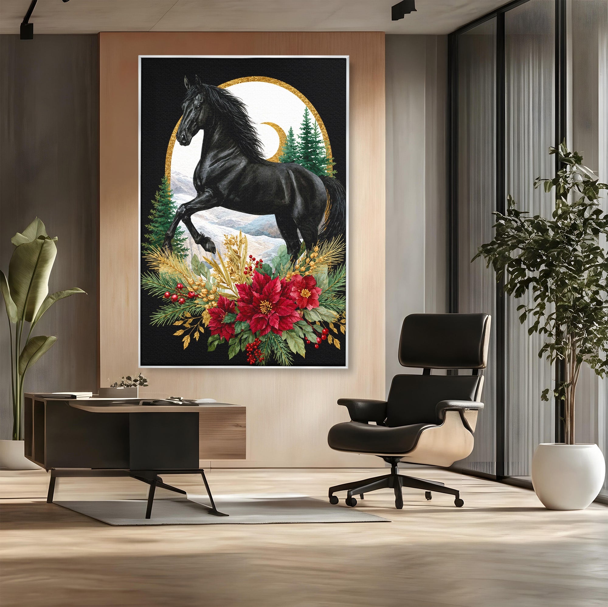 Tablou Canvas Premium LuxCanva® M1589, Cal Negru Majestic, Cal, Natura, Iarna, Living, Eleganta, Culori Vibrante