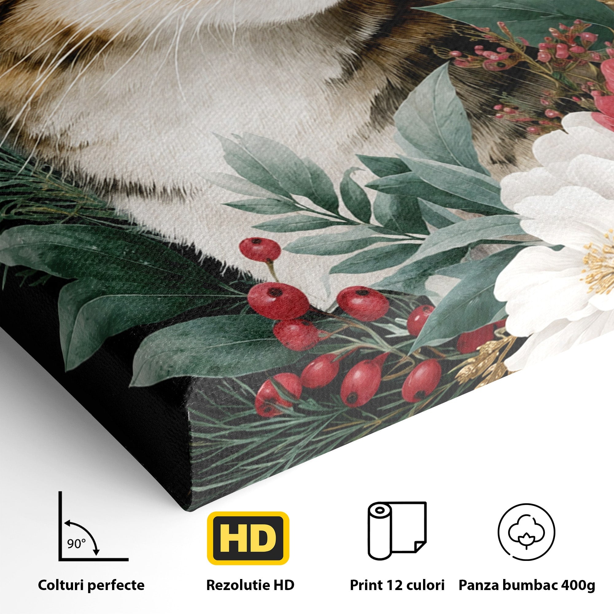 Tablou Canvas Premium LuxCanva® M1590, Pisica Sub Luna, Pisica, Luna, Flori, Natura, Living, Culori Vibrante