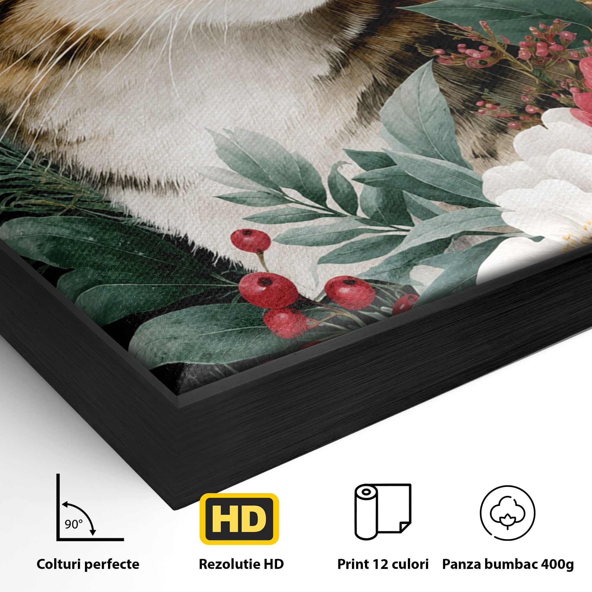 Tablou Canvas Premium LuxCanva® M1590, Pisica Sub Luna, Pisica, Luna, Flori, Natura, Living, Culori Vibrante