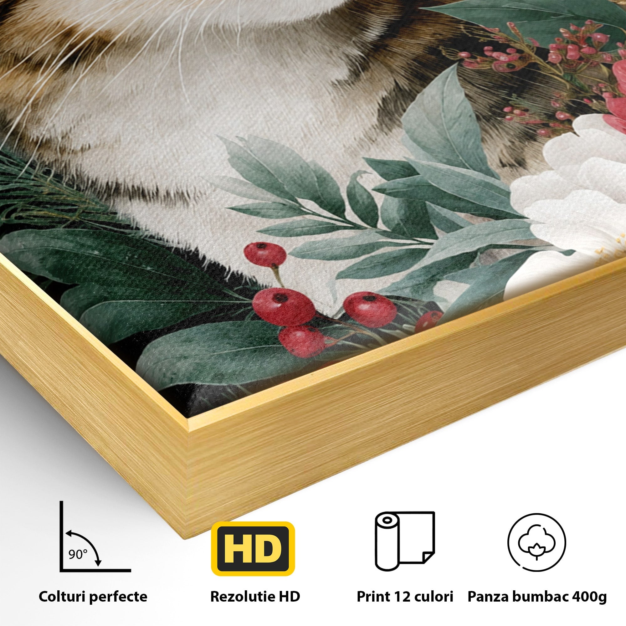 Tablou Canvas Premium LuxCanva® M1590, Pisica Sub Luna, Pisica, Luna, Flori, Natura, Living, Culori Vibrante