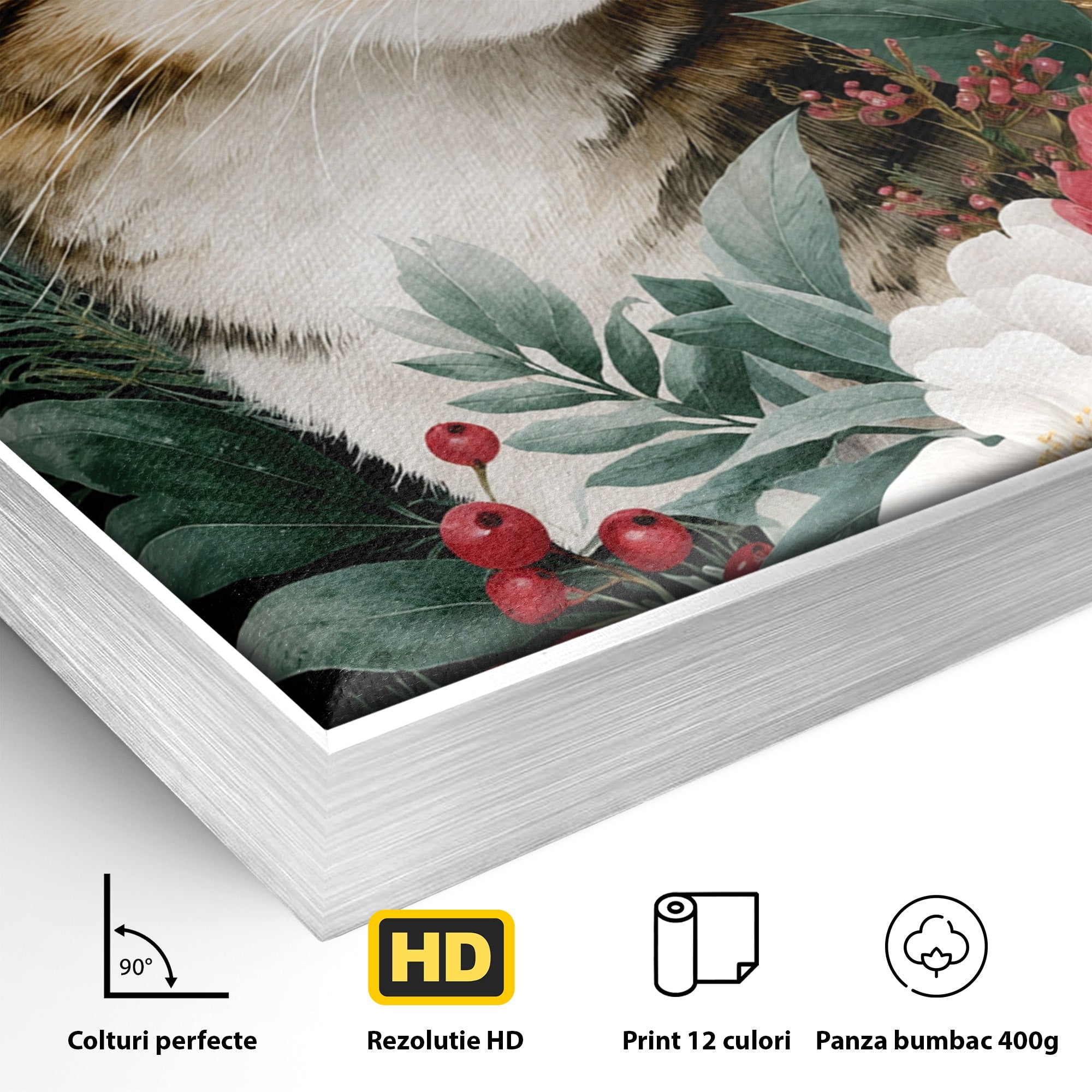 Tablou Canvas Premium LuxCanva® M1590, Pisica Sub Luna, Pisica, Luna, Flori, Natura, Living, Culori Vibrante