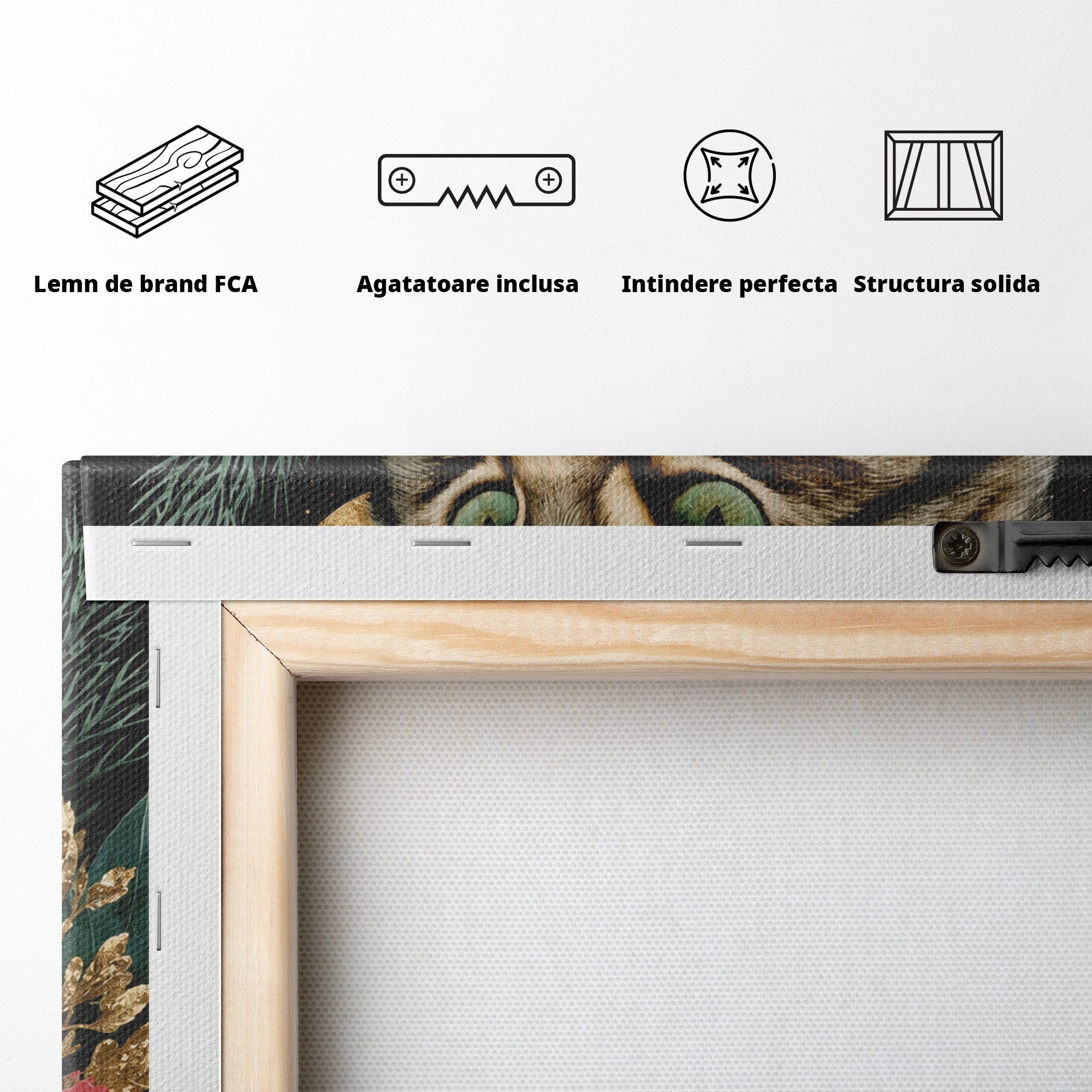 Tablou Canvas Premium LuxCanva® M1590, Pisica Sub Luna, Pisica, Luna, Flori, Natura, Living, Culori Vibrante