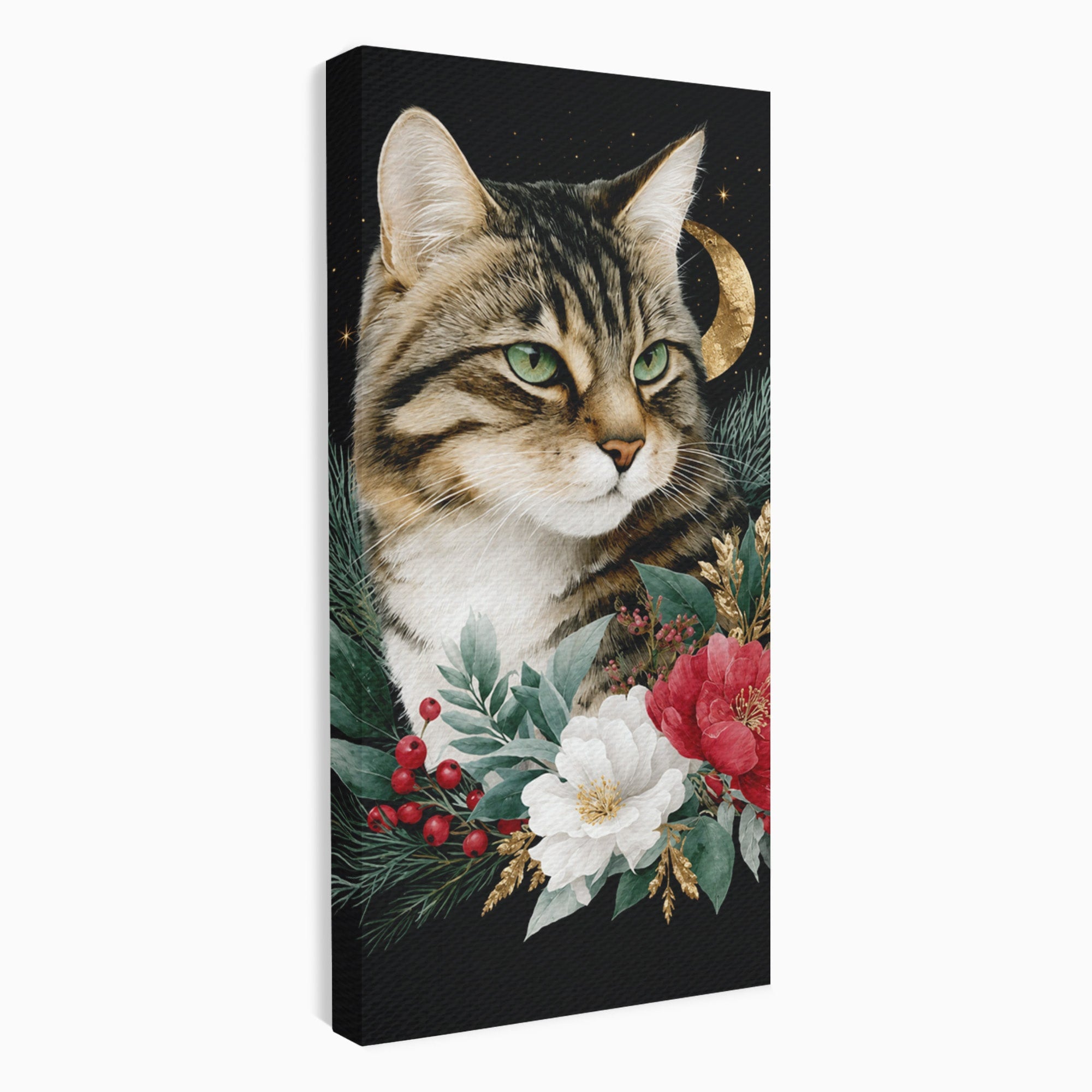 Tablou Canvas Premium LuxCanva® M1590, Pisica Sub Luna, Pisica, Luna, Flori, Natura, Living, Culori Vibrante
