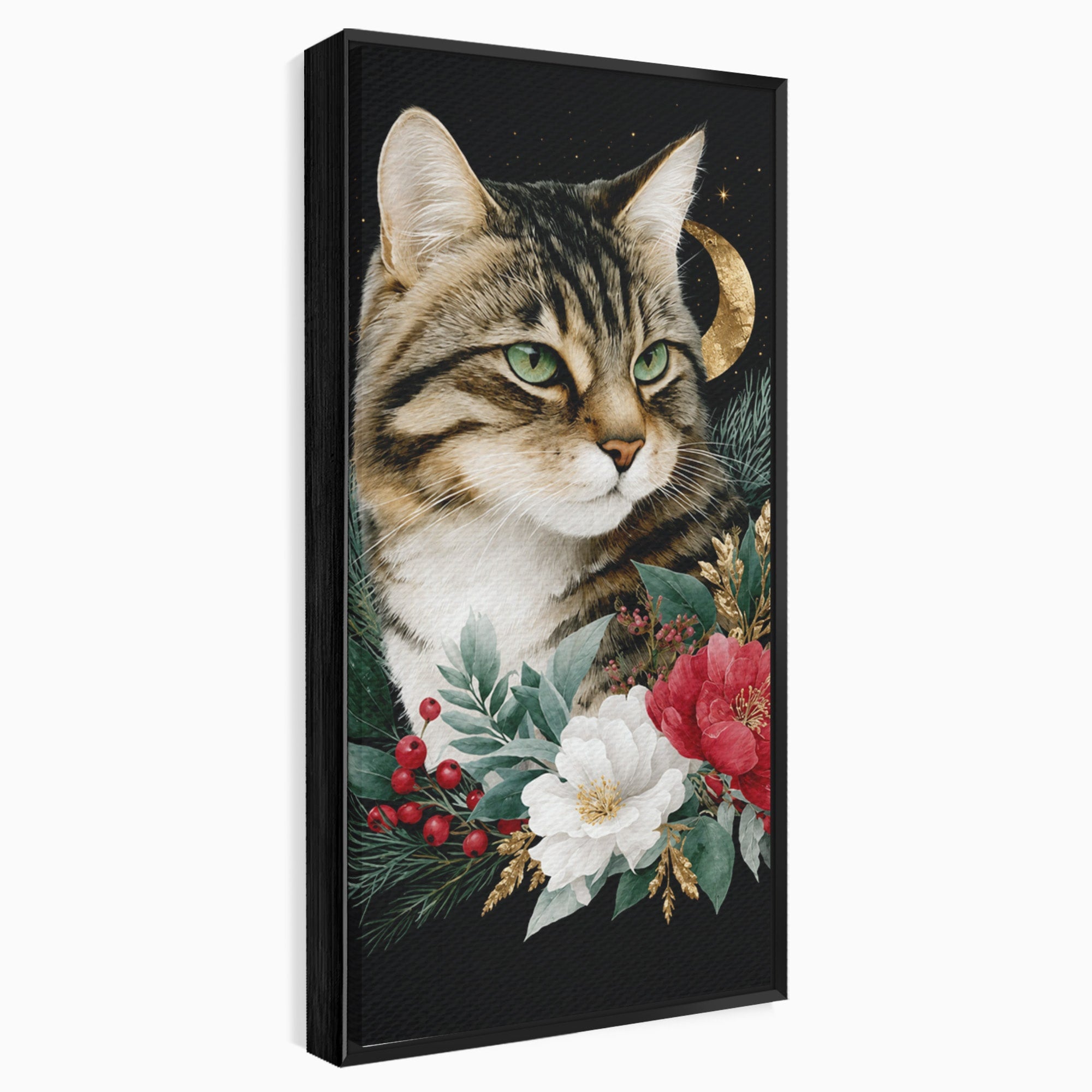 Tablou Canvas Premium LuxCanva® M1590, Pisica Sub Luna, Pisica, Luna, Flori, Natura, Living, Culori Vibrante