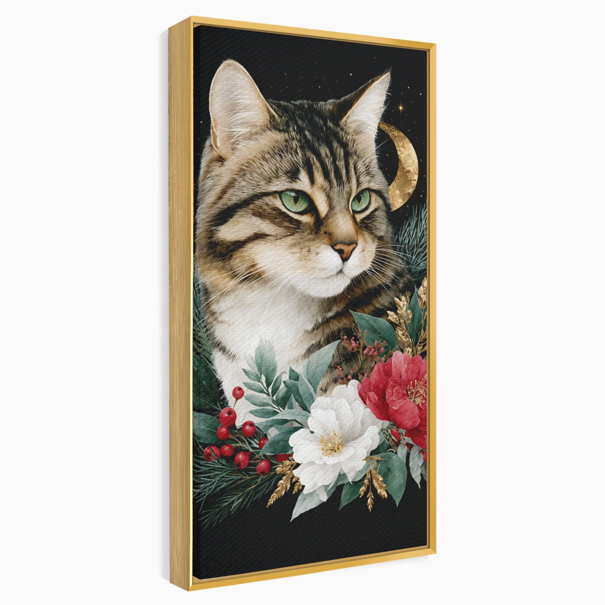 Tablou Canvas Premium LuxCanva® M1590, Pisica Sub Luna, Pisica, Luna, Flori, Natura, Living, Culori Vibrante